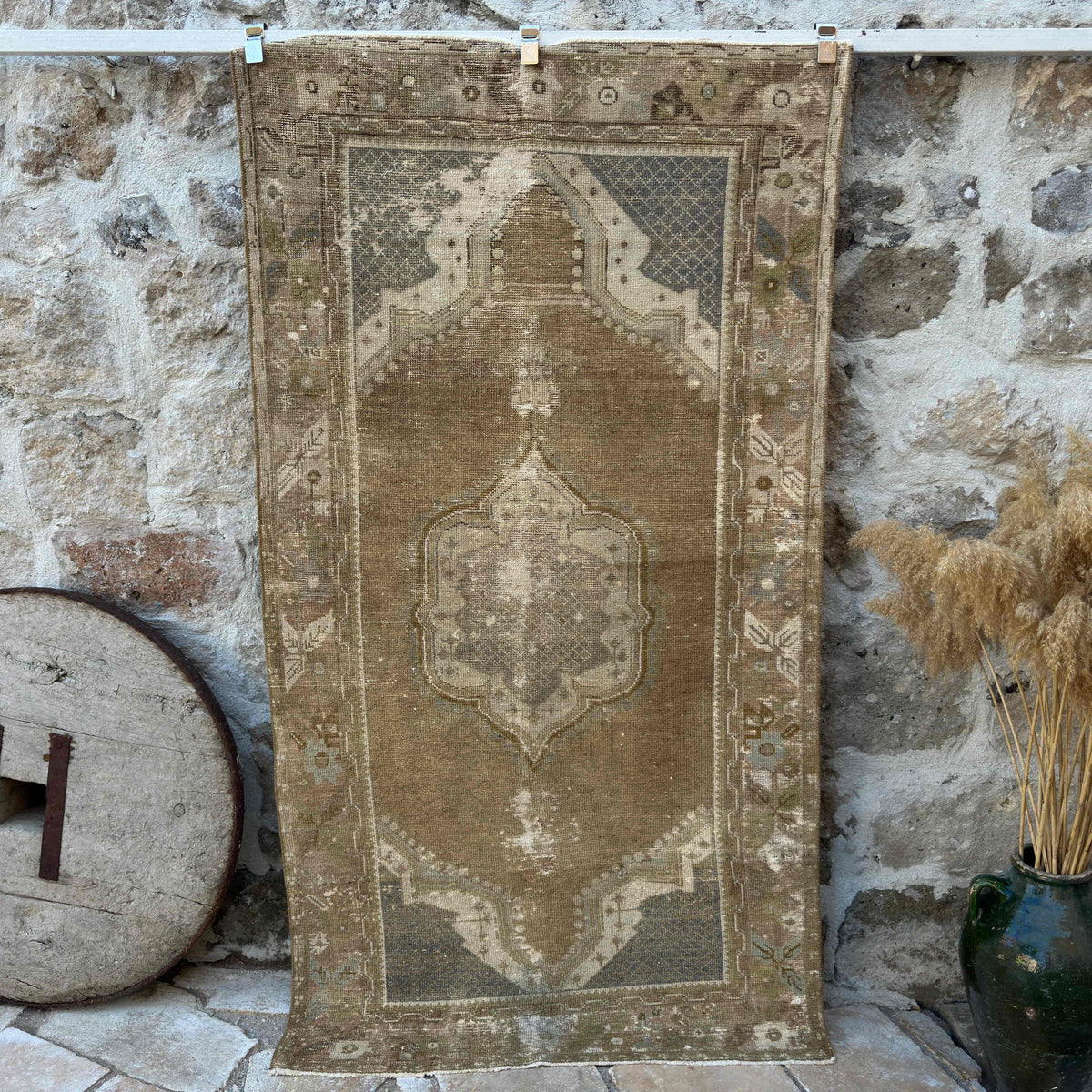 Brown 4' x 7' vintage distressed rug with traditional design, handmade in Turkey – Harlow.