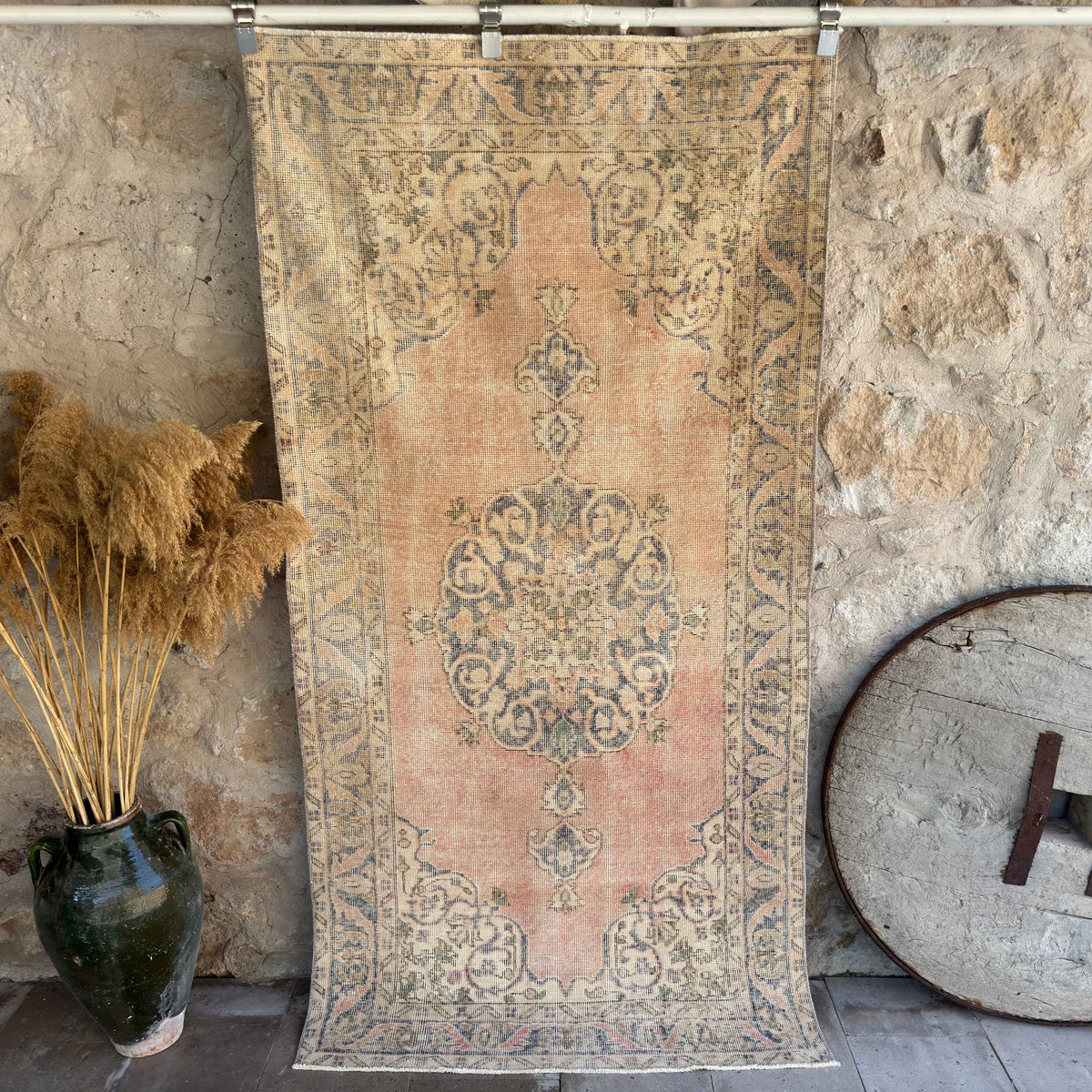 Pink 4' x 7' vintage distressed rug with traditional design, handmade in Turkey – Pepper.