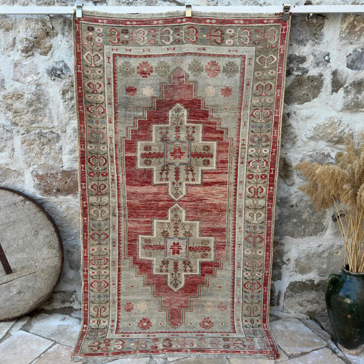 Red 4' x 7' vintage distressed rug with traditional design, handmade in Turkey – Jayceon.