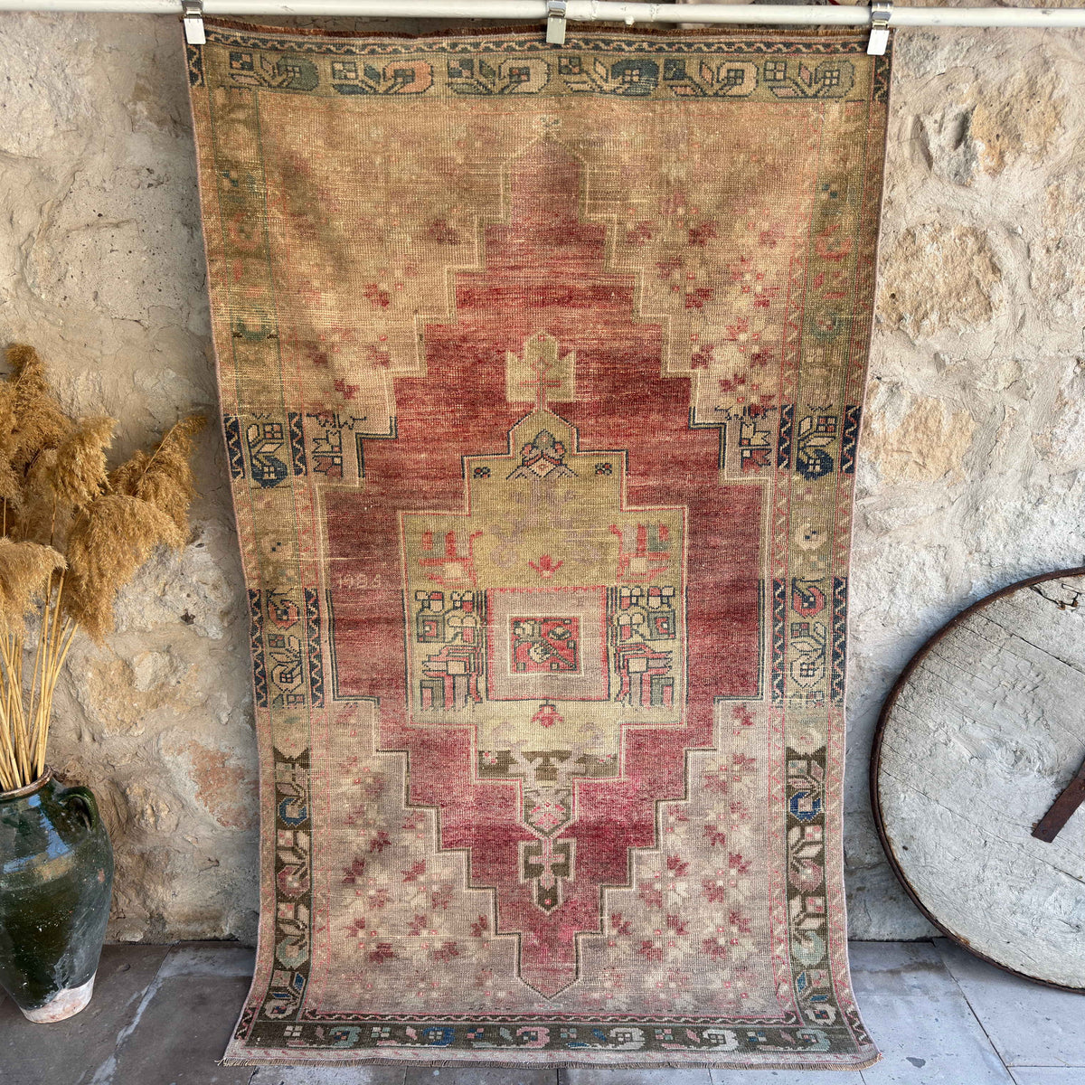 Red 4' x 7' vintage distressed rug with traditional design, handmade in Turkey – Shooter.