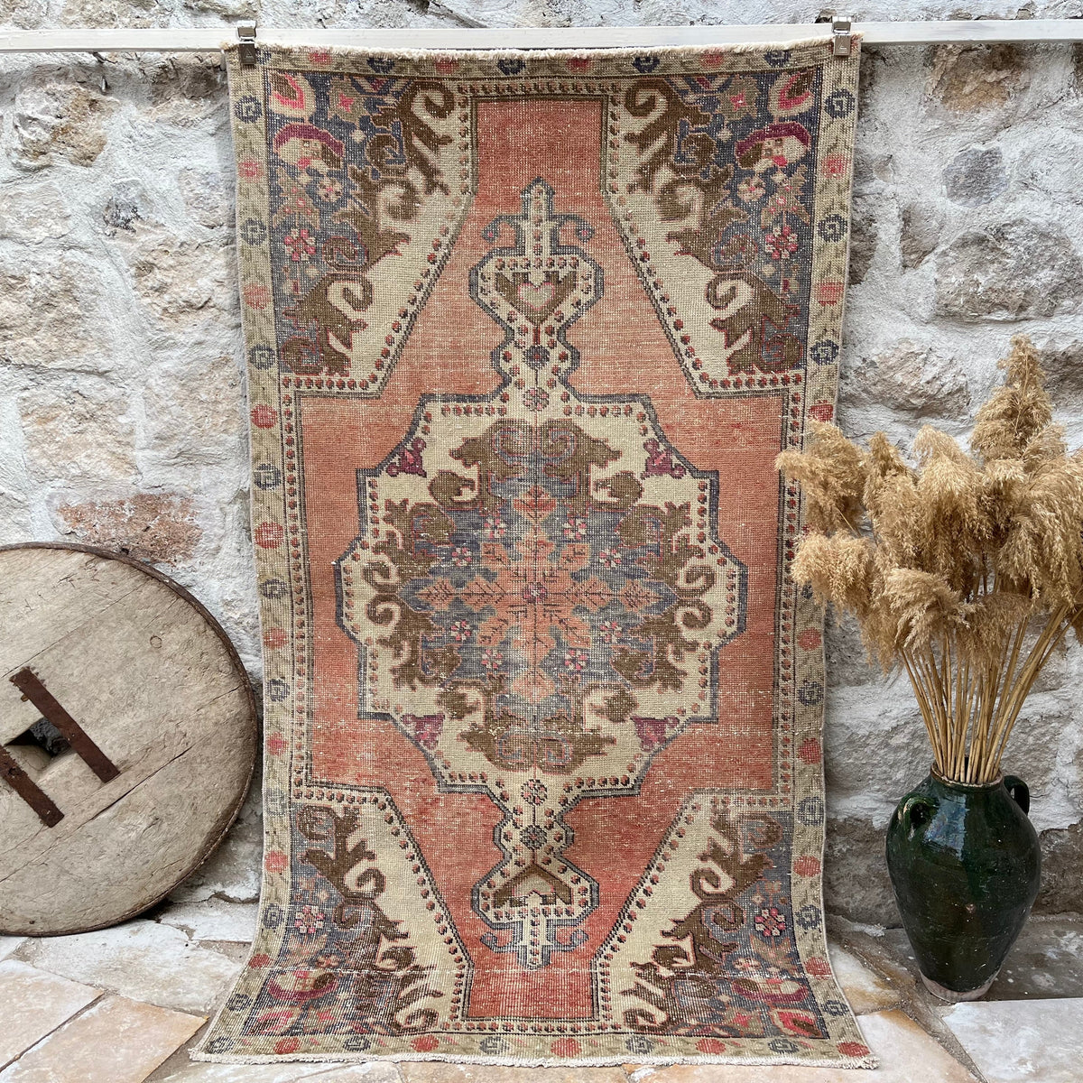 Orange 4' x 8' vintage distressed rug with traditional design, handmade in Turkey – Eastman.