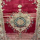 Red 5' x 7' vintage Turkish distressed rug in wool and cotton, shown on the floor.