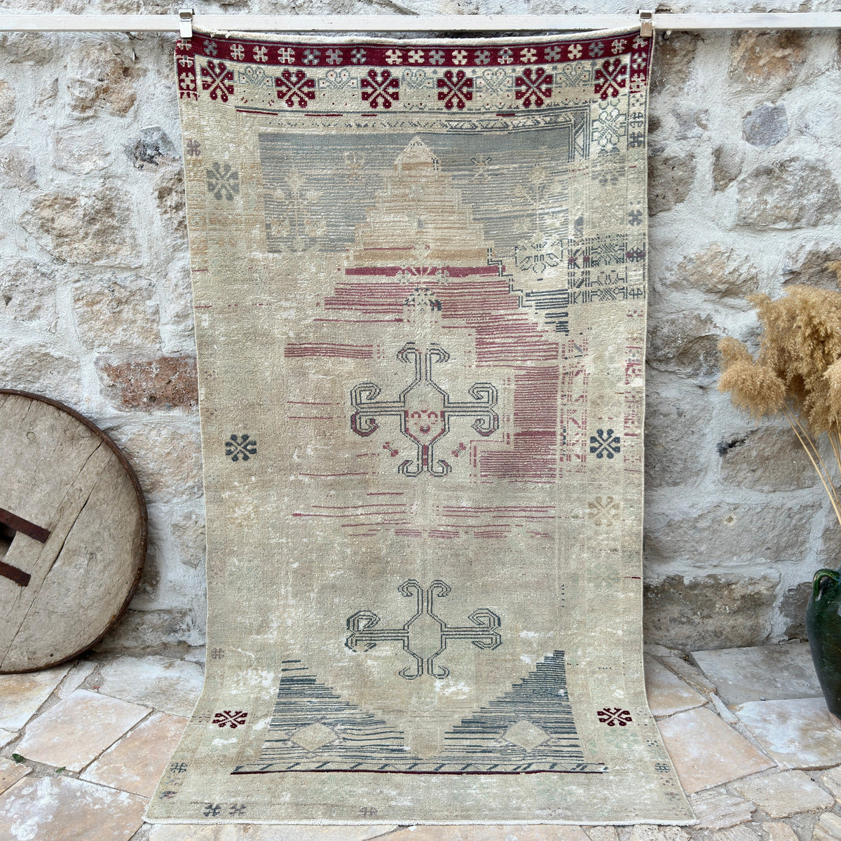 Blue 5' x 8' vintage distressed rug with neutral design, handmade in Turkey – Nathanael.