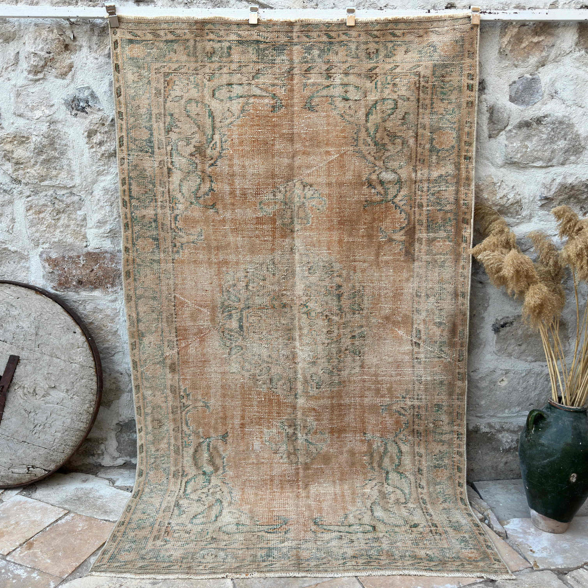 Orange 5' x 8' vintage distressed rug with medallion design, handmade in Turkey – Crimson.