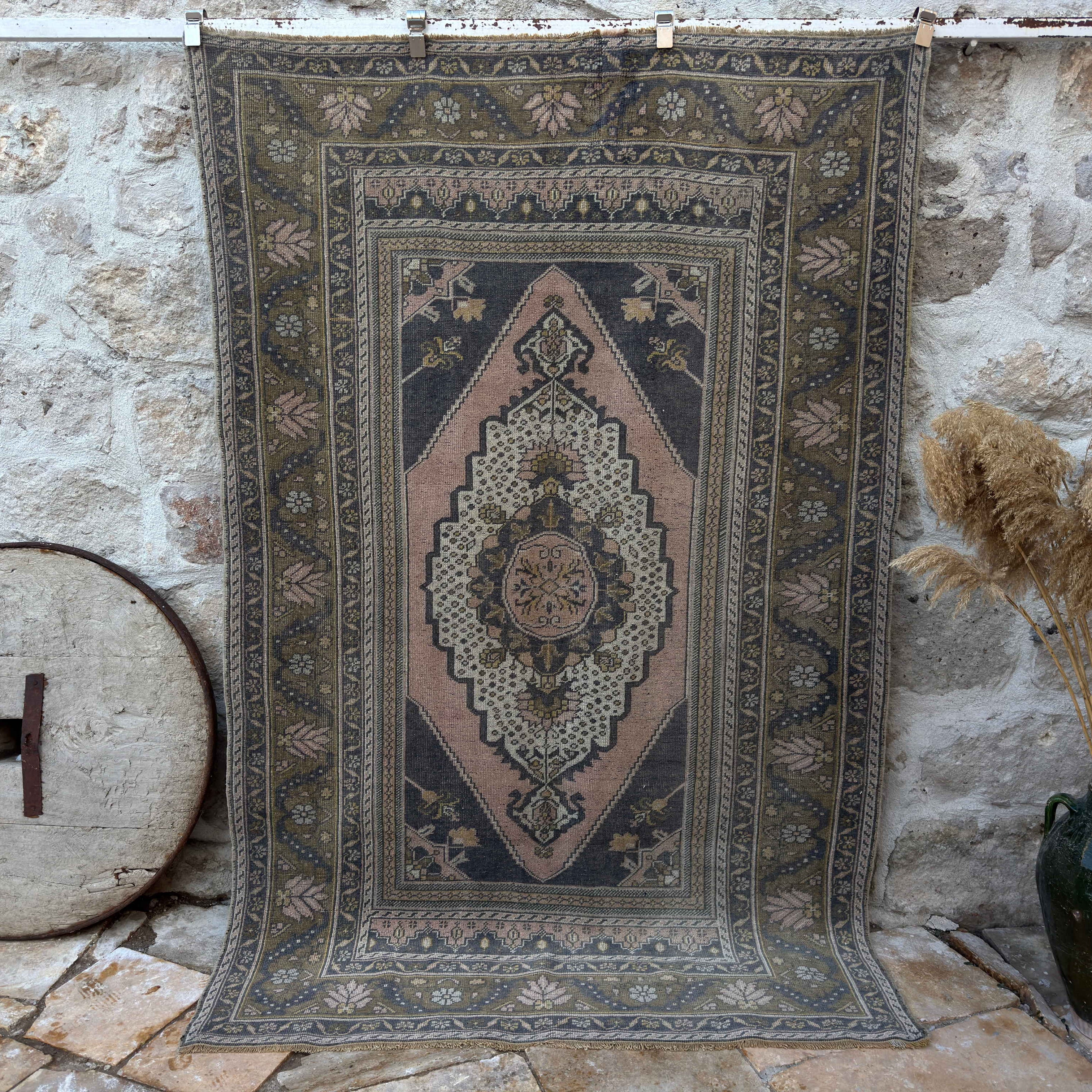 Pink 5' x 8' vintage distressed rug with traditional design, handmade in Turkey – Deni.