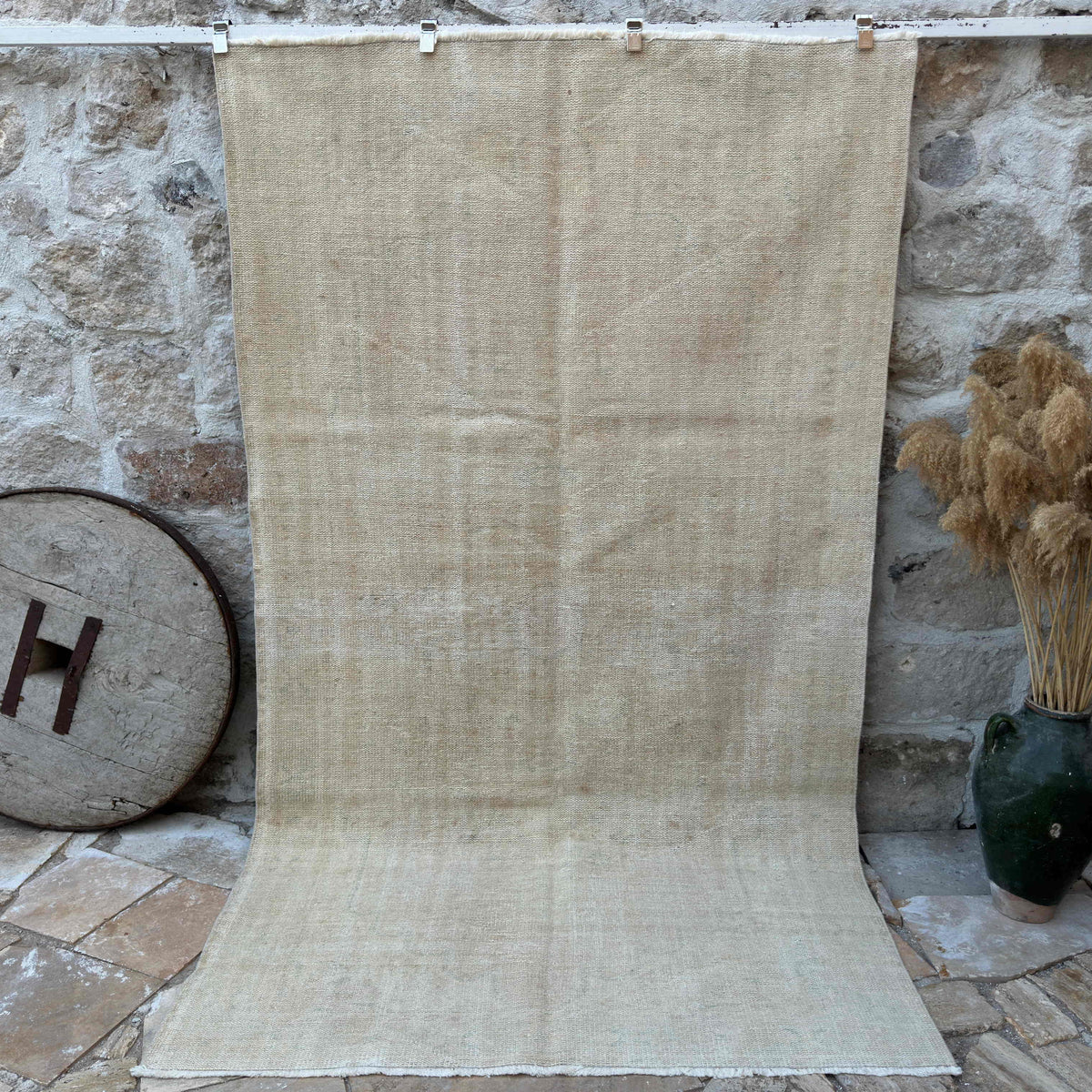 Beige 5' x 9' vintage distressed rug with neutral design, handmade in Turkey – Sonia.