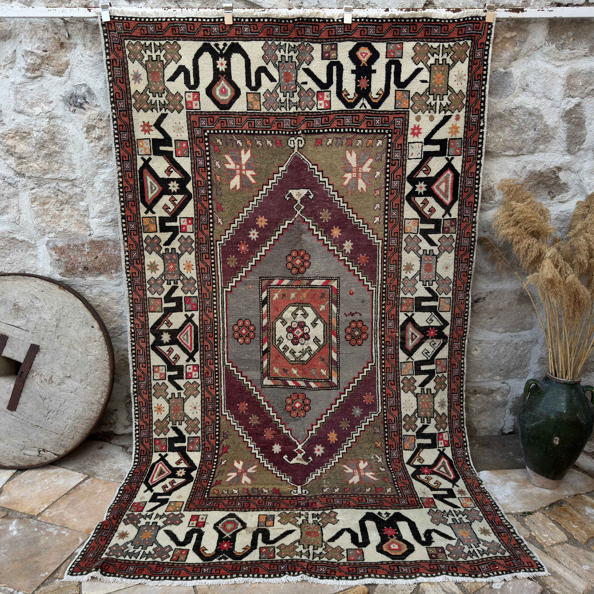 Pale Green 5' x 9' vintage distressed rug with traditional design, handmade in Turkey – Javier.