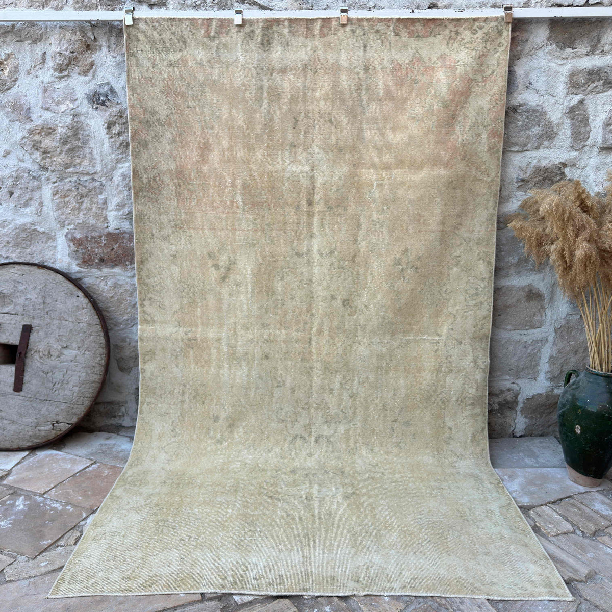 Beige 6' x 10' vintage distressed rug with neutral design, handmade in Turkey – Birtle.