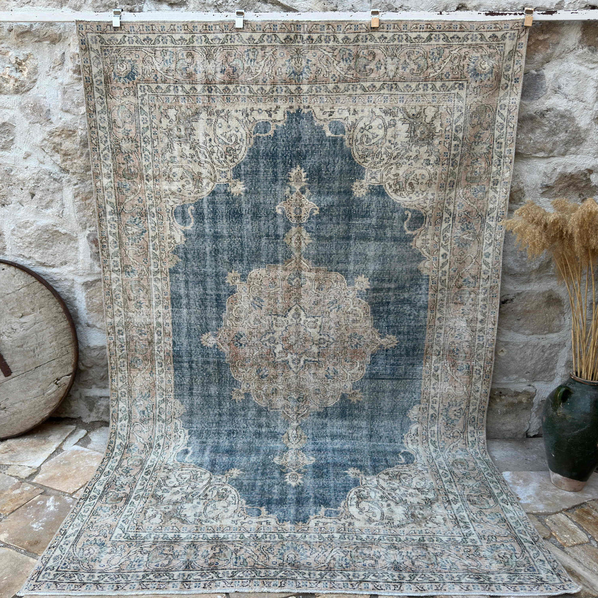 Blue 6' x 10' vintage distressed rug with medallion design, handmade in Turkey – Brent.
