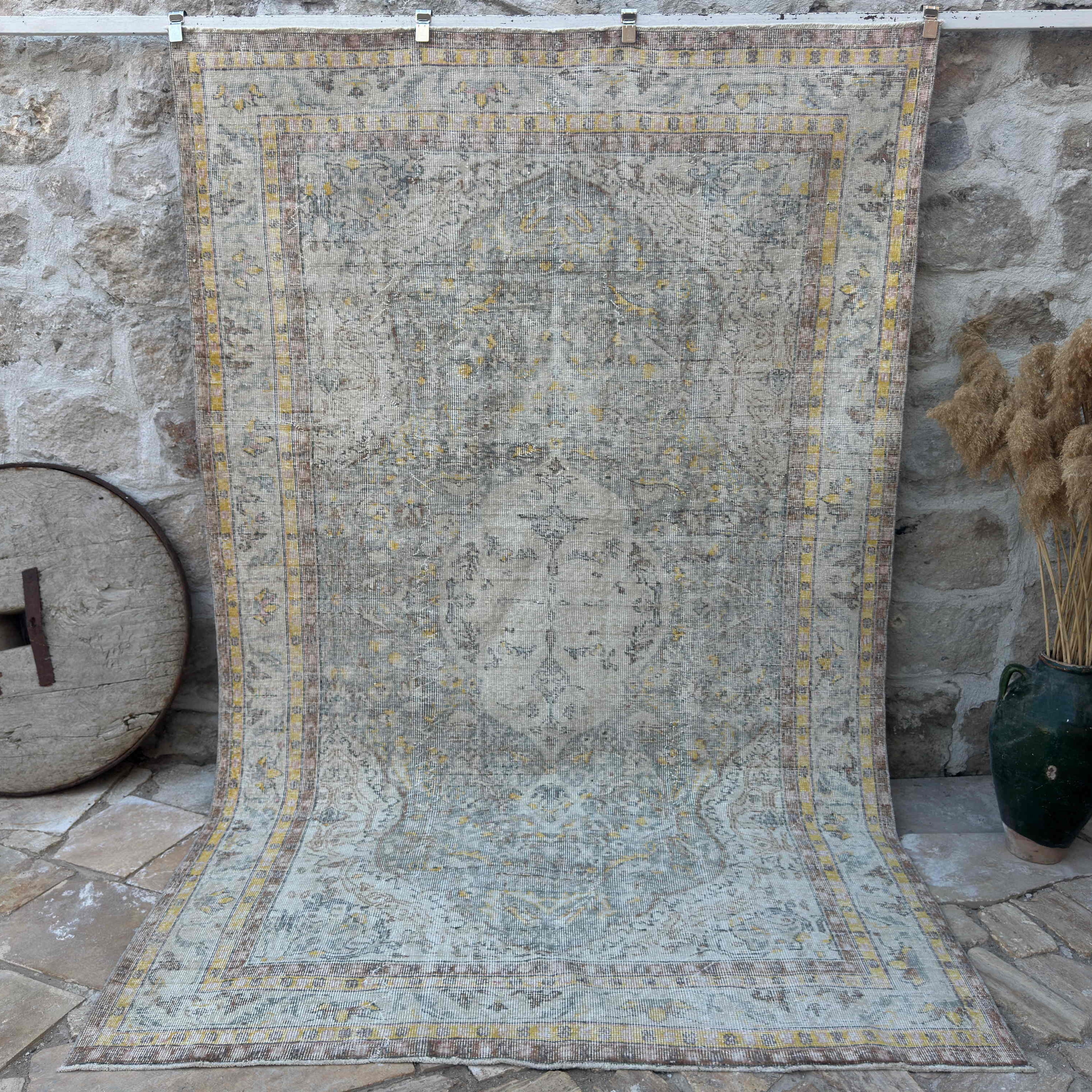 Blue 6' x 10' vintage distressed rug with neutral design, handmade in Turkey – Tiana.