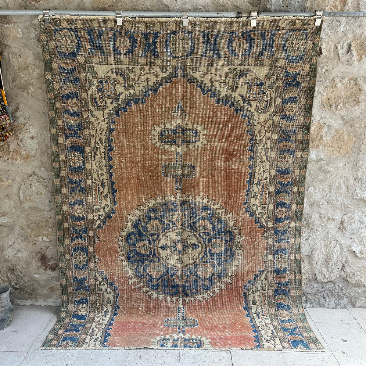 Orange 6' x 8' vintage distressed rug with traditional design, handmade in Turkey – Faris.