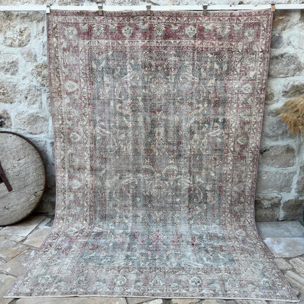 Pale Green 7' x 10' vintage distressed rug with traditional design, handmade in Turkey – Olaf.