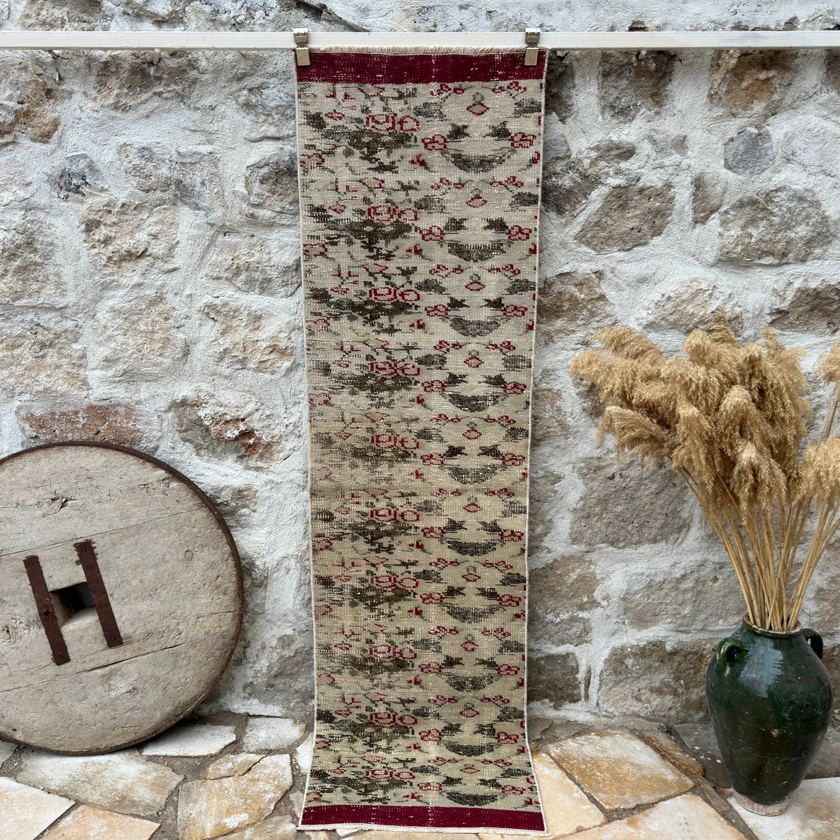 Green 2' x 8' vintage distressed runner rug with floral design, handmade in Turkey – Damon.