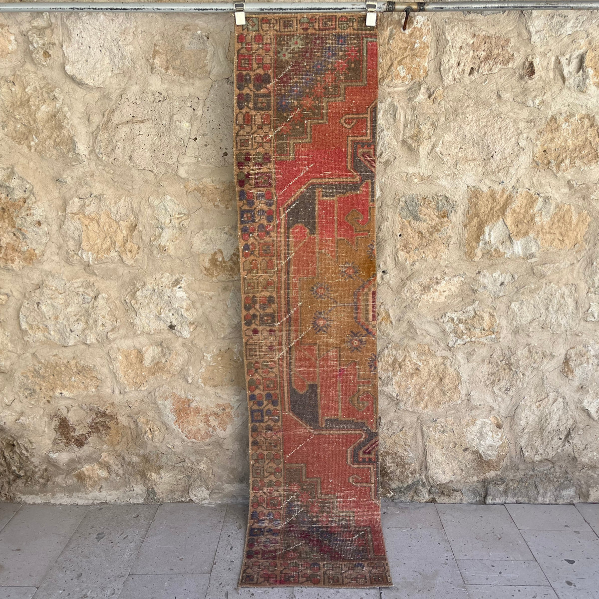 Red 2' x 8' vintage distressed runner rug with traditional design, handmade in Turkey – Codie.