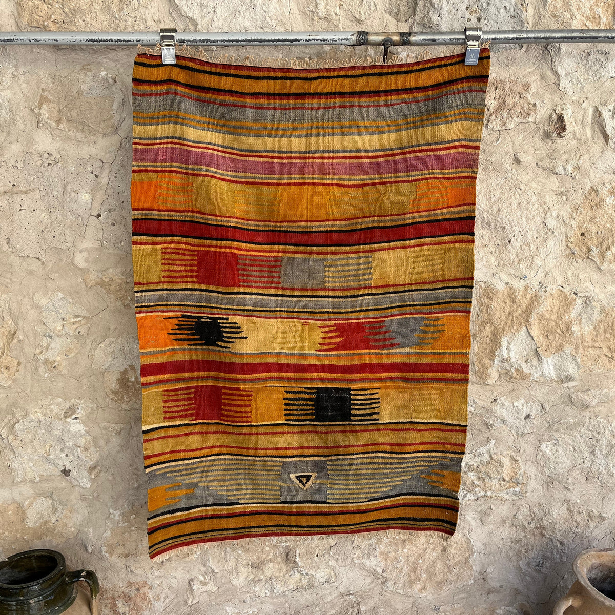 Yellow 3' x 4' vintage flatweave rug with traditional design, handmade in Turkey – Sana.