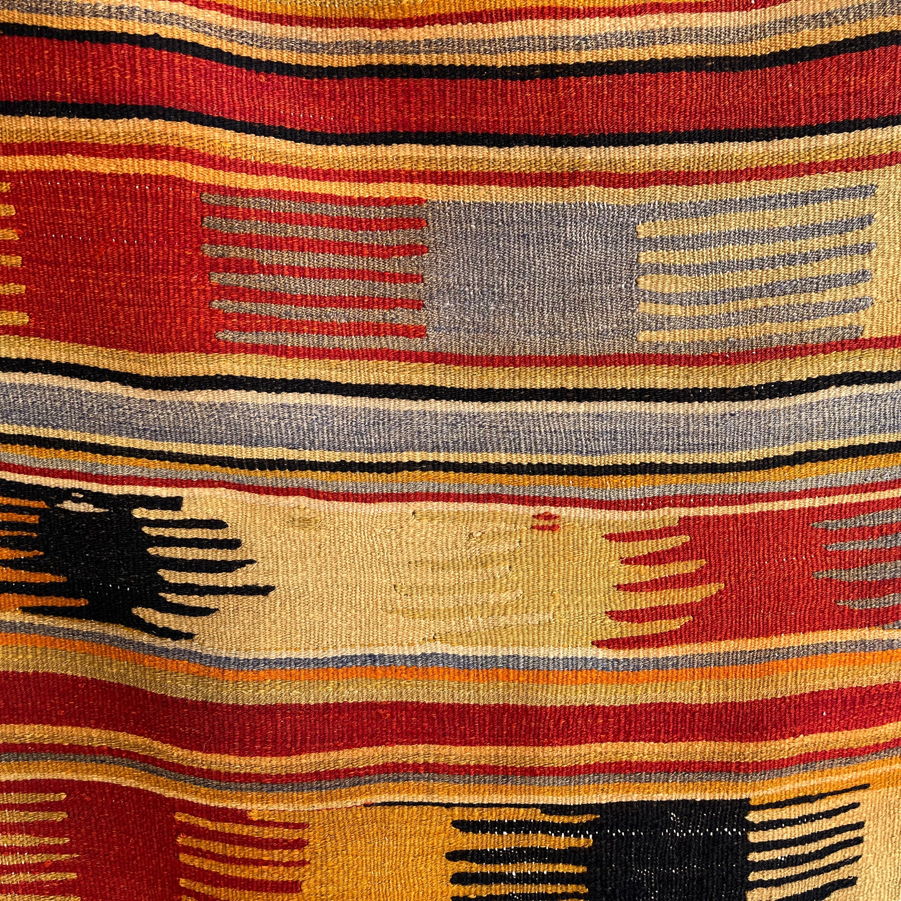 Yellow 3' x 4' vintage Turkish flatweave rug in wool and cotton, shown on the floor.