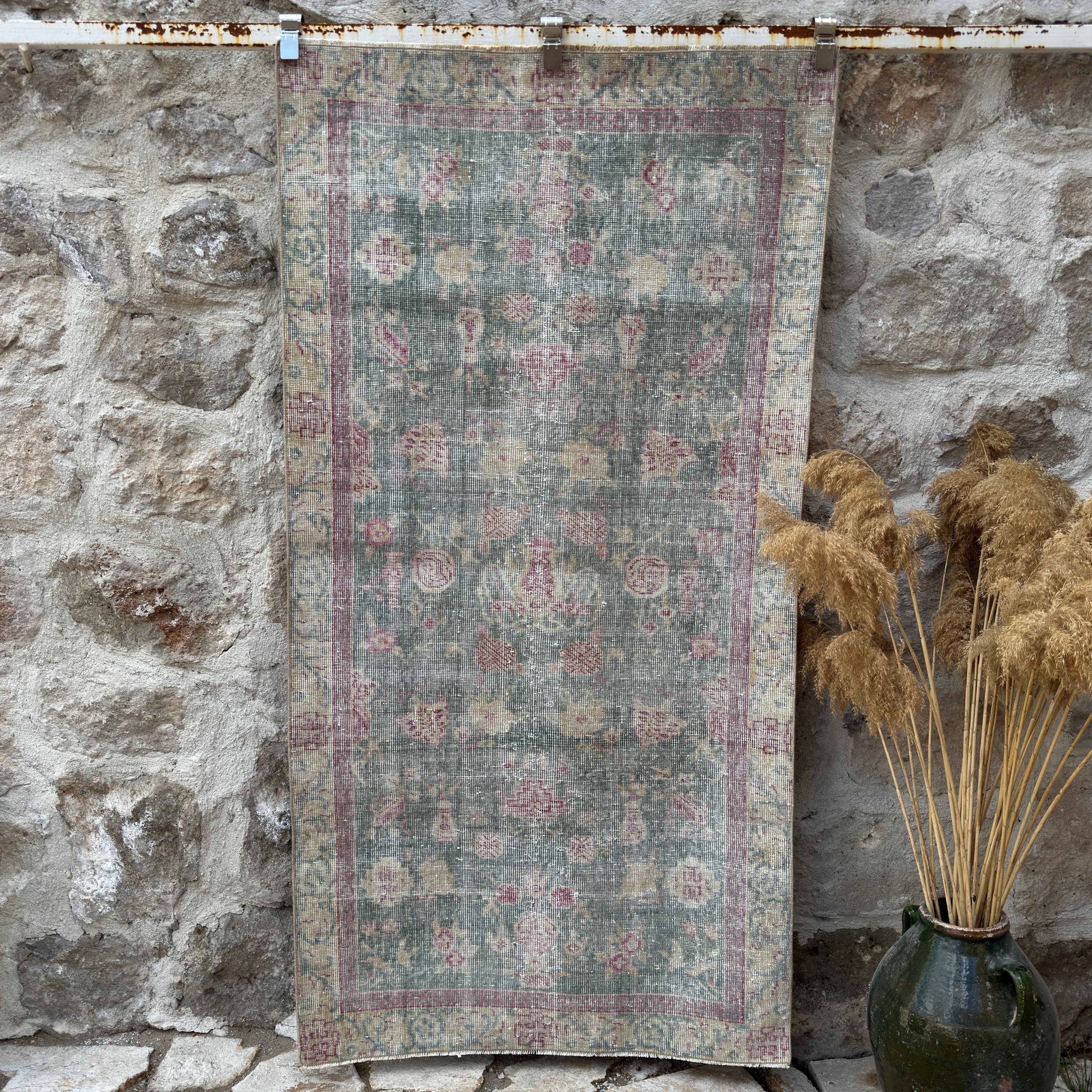 Pale Blue 3' x 6' vintage floral rug with floral design, handmade in Turkey – Cherish.