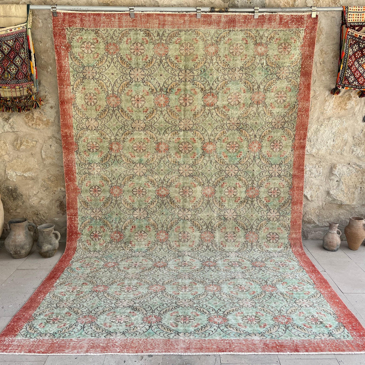 Pale Green 7' x 11' vintage floral rug with floral design, handmade in Turkey – Jace.