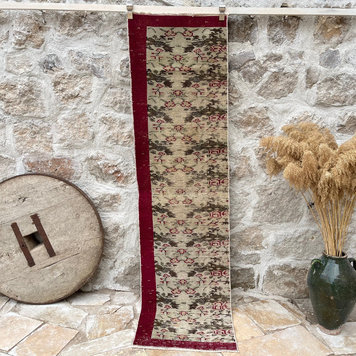 Beige 2' x 8' vintage floral runner rug with traditional design, handmade in Turkey – Skyla.
