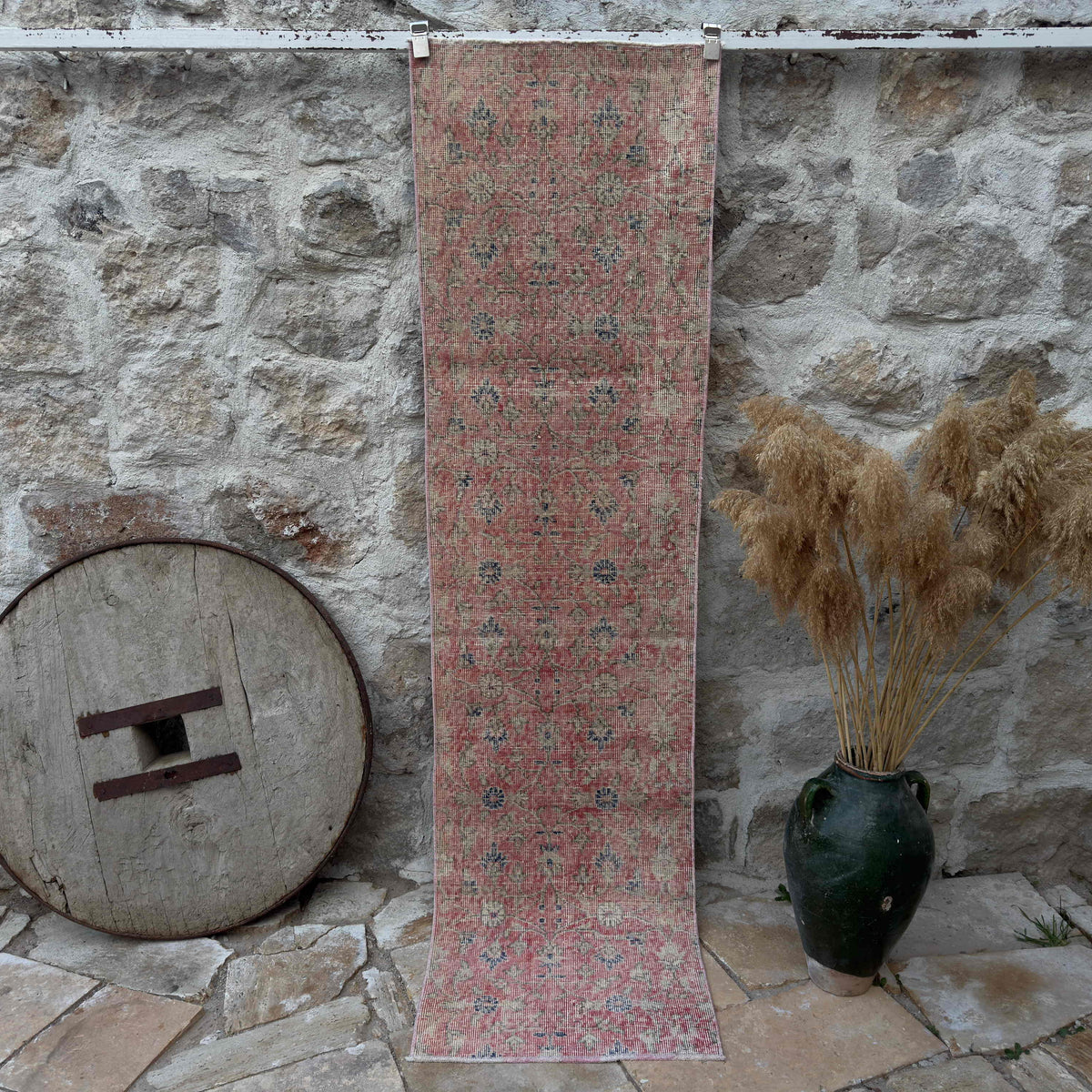 Pale Red 2' x 8' vintage floral runner rug with floral design, handmade in Turkey – Trent.