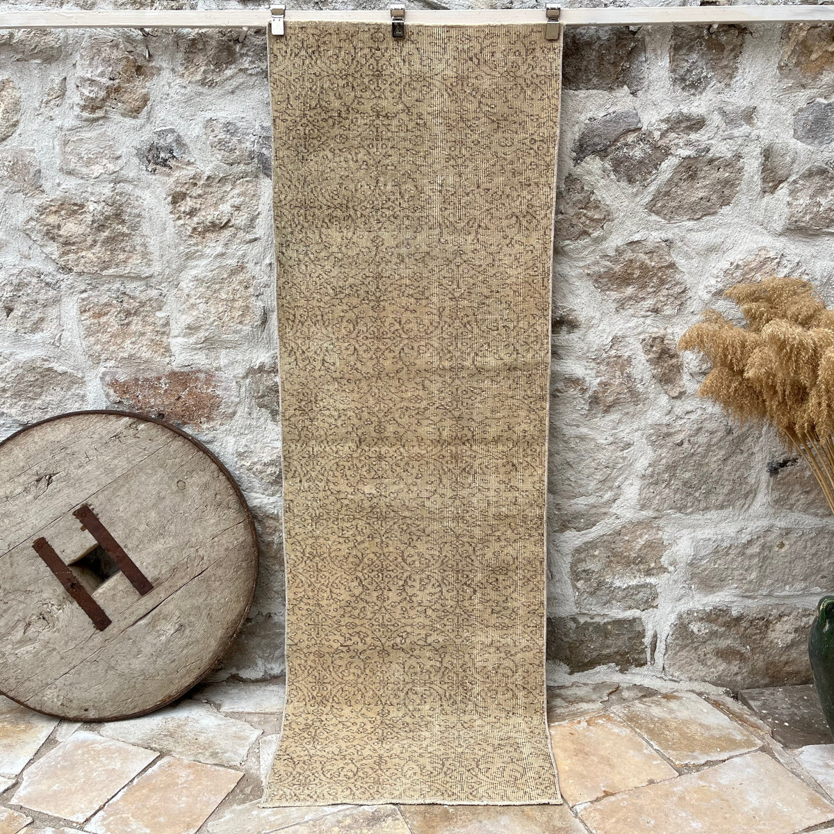 Beige 3' x 8' vintage floral runner rug with floral design, handmade in Turkey – Charlie.