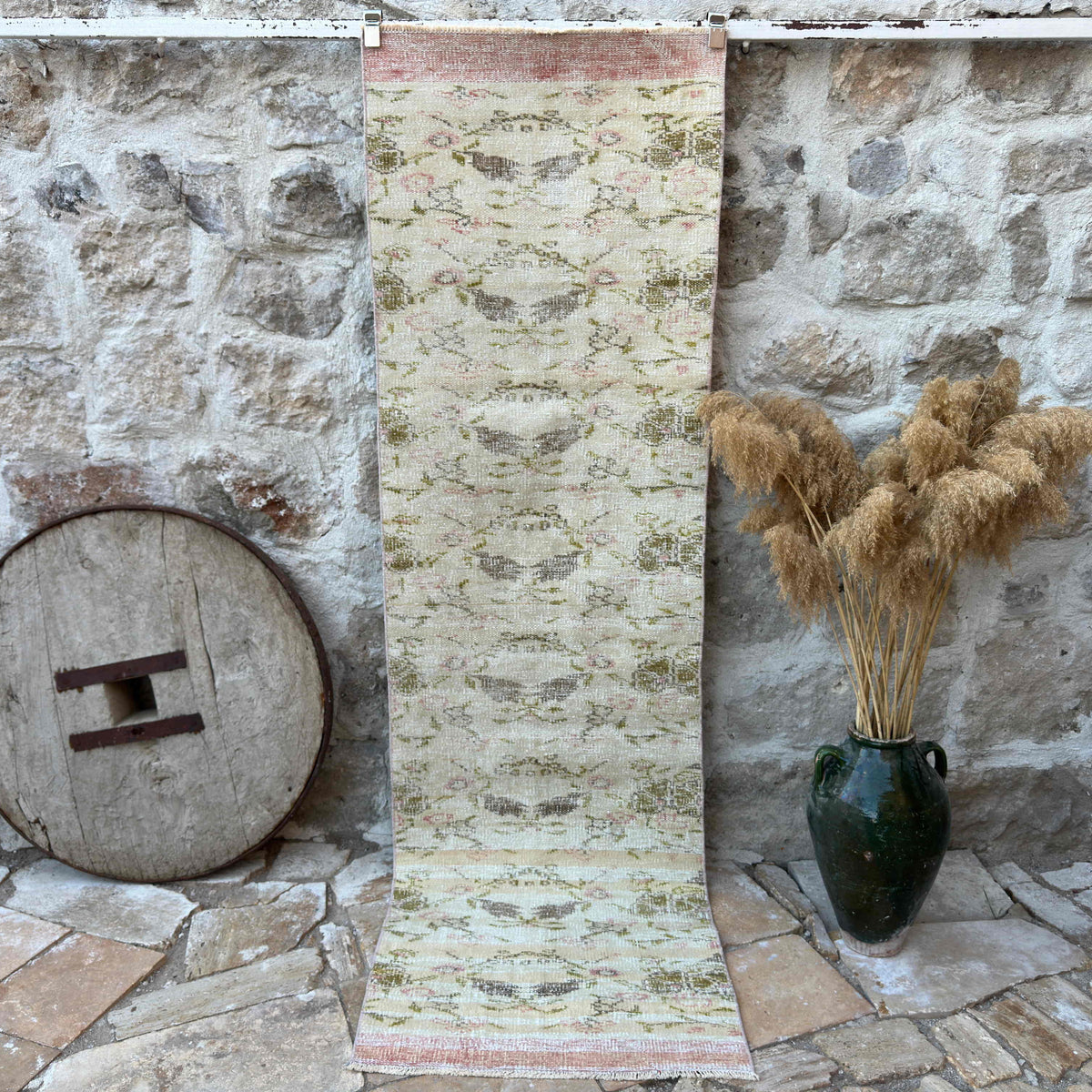 Beige 3' x 9' vintage floral runner rug with floral design, handmade in Turkey – Kenzo.