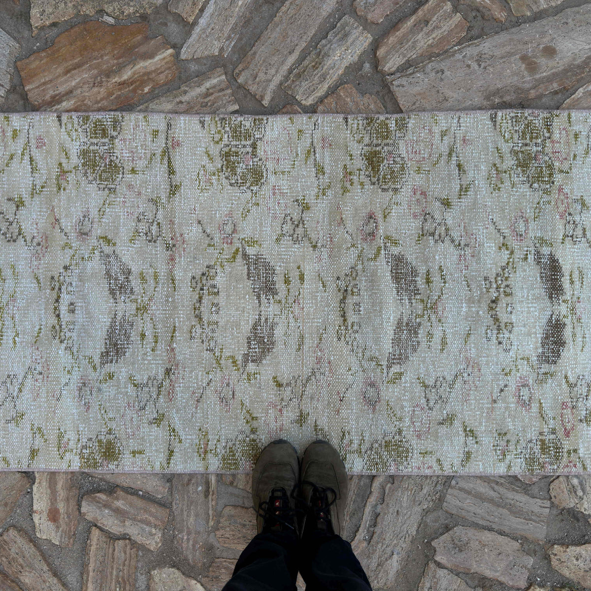 1970s beige vintage Turkish floral runner rug with floral design, hand-knotted weave and low pile.