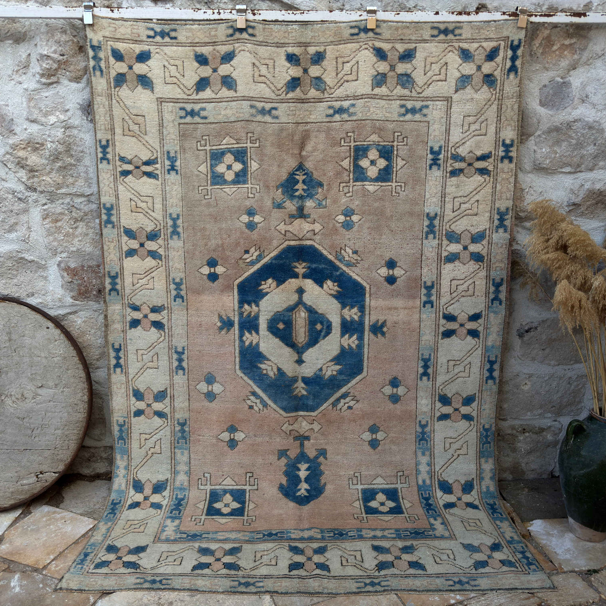 Pale Blue 6' x 8' vintage geometric carpet with medallion design, handmade in Turkey – Moses.