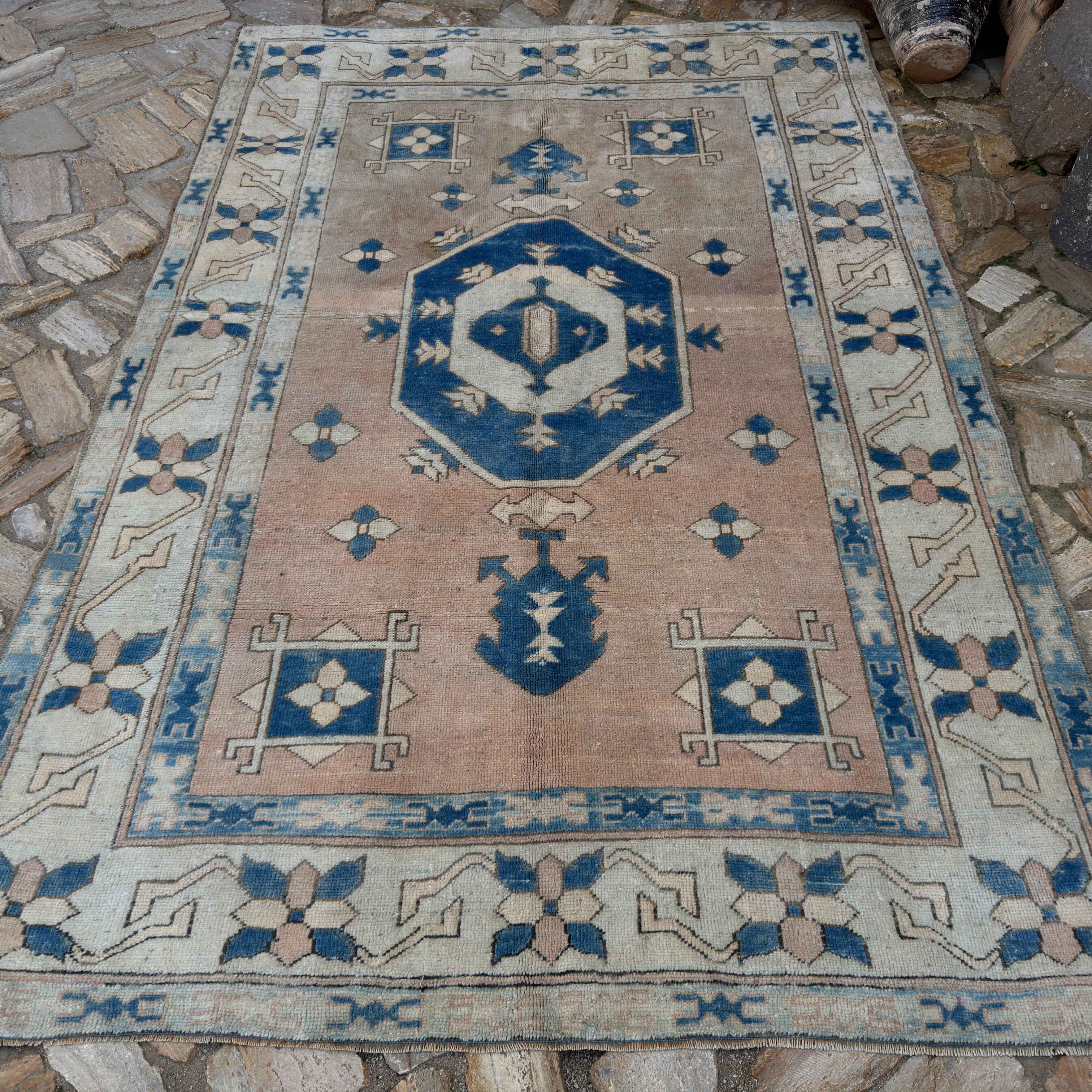 Pale Blue 6' x 8' vintage Turkish geometric carpet in wool and cotton, shown on the floor.