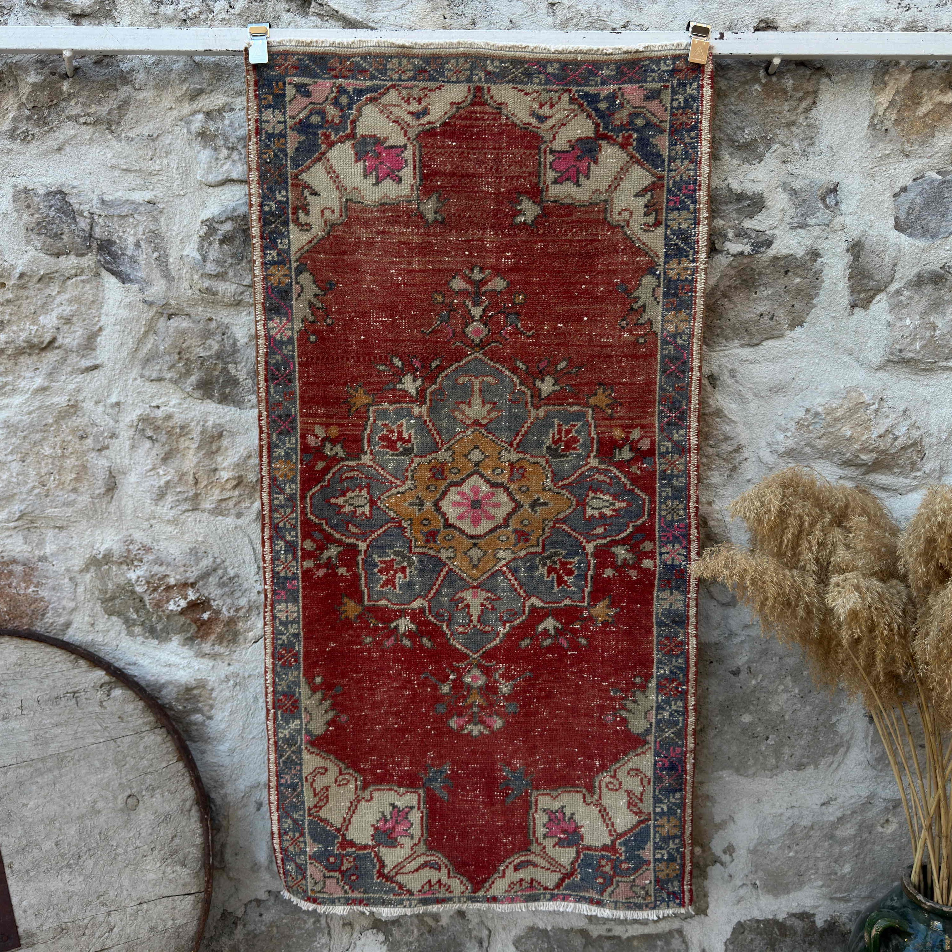 Red 3' x 5' vintage geometric rug with traditional design, handmade in Turkey – Worthy.