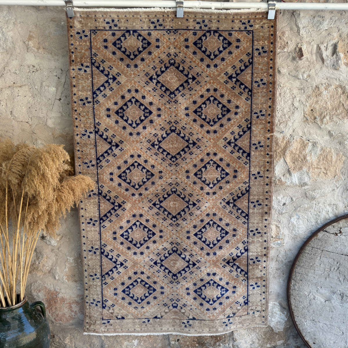 Blue 3' x 6' vintage geometric rug with traditional design, handmade in Persian – Casey.