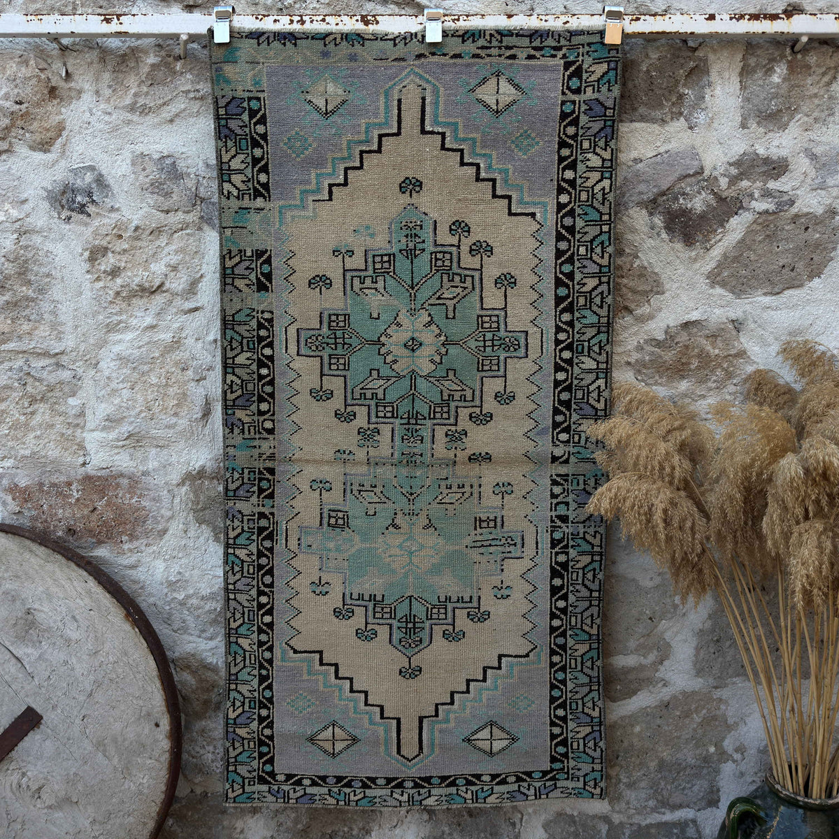 Pale Purple 3' x 6' vintage geometric rug with medallion design, handmade in Turkey – Haya.