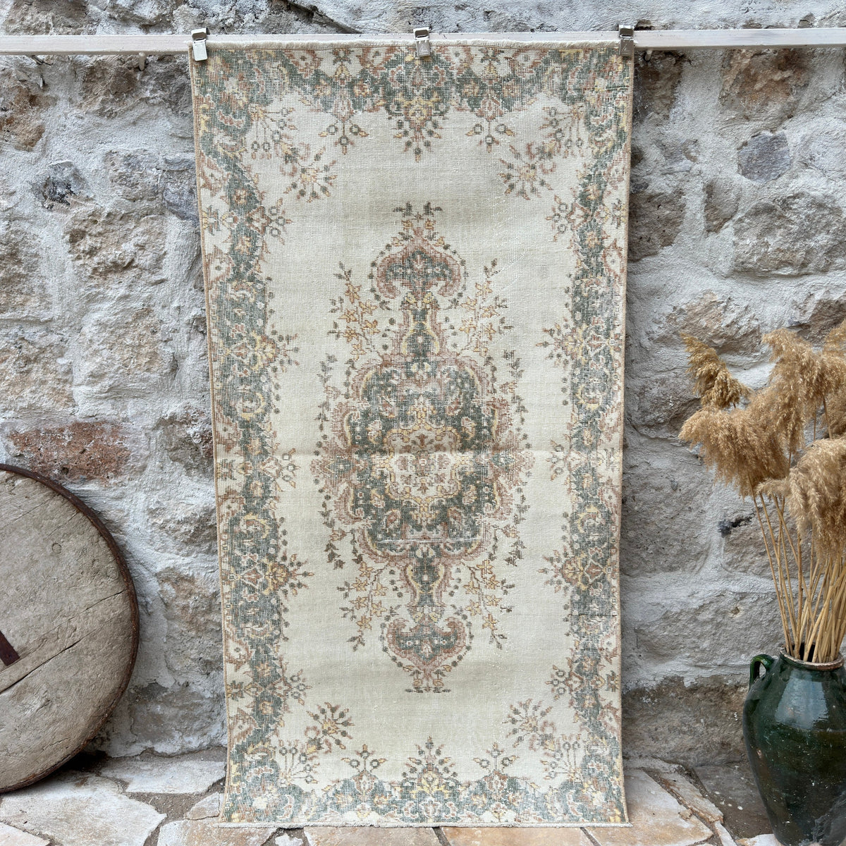 Pale Green 4' x 7' vintage geometric rug with medallion design, handmade in Turkey – Enya.
