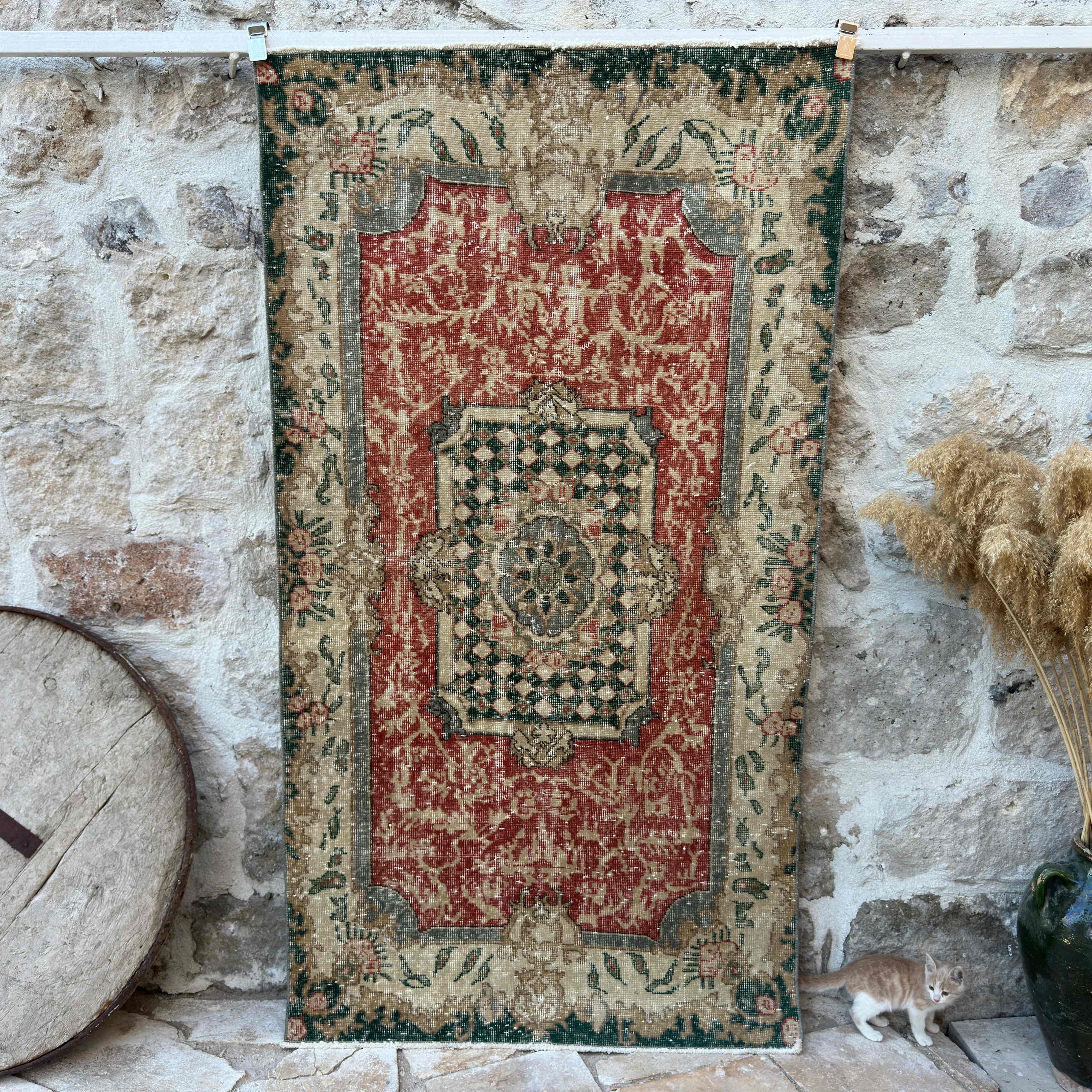 Red 4' x 7' vintage geometric rug with traditional design, handmade in Turkey – Troy.