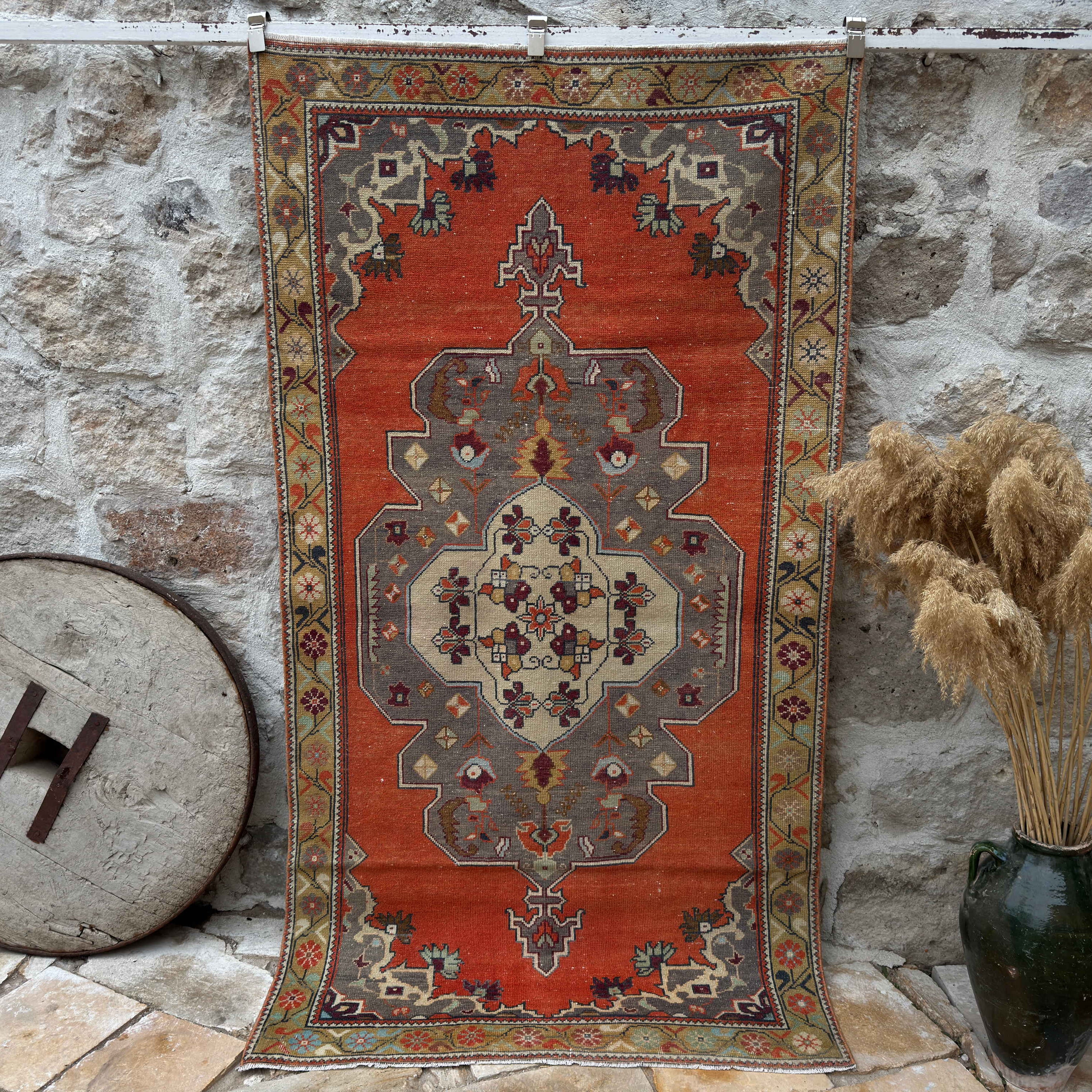 Orange 4' x 8' vintage geometric rug with traditional design, handmade in Turkey – Emily.