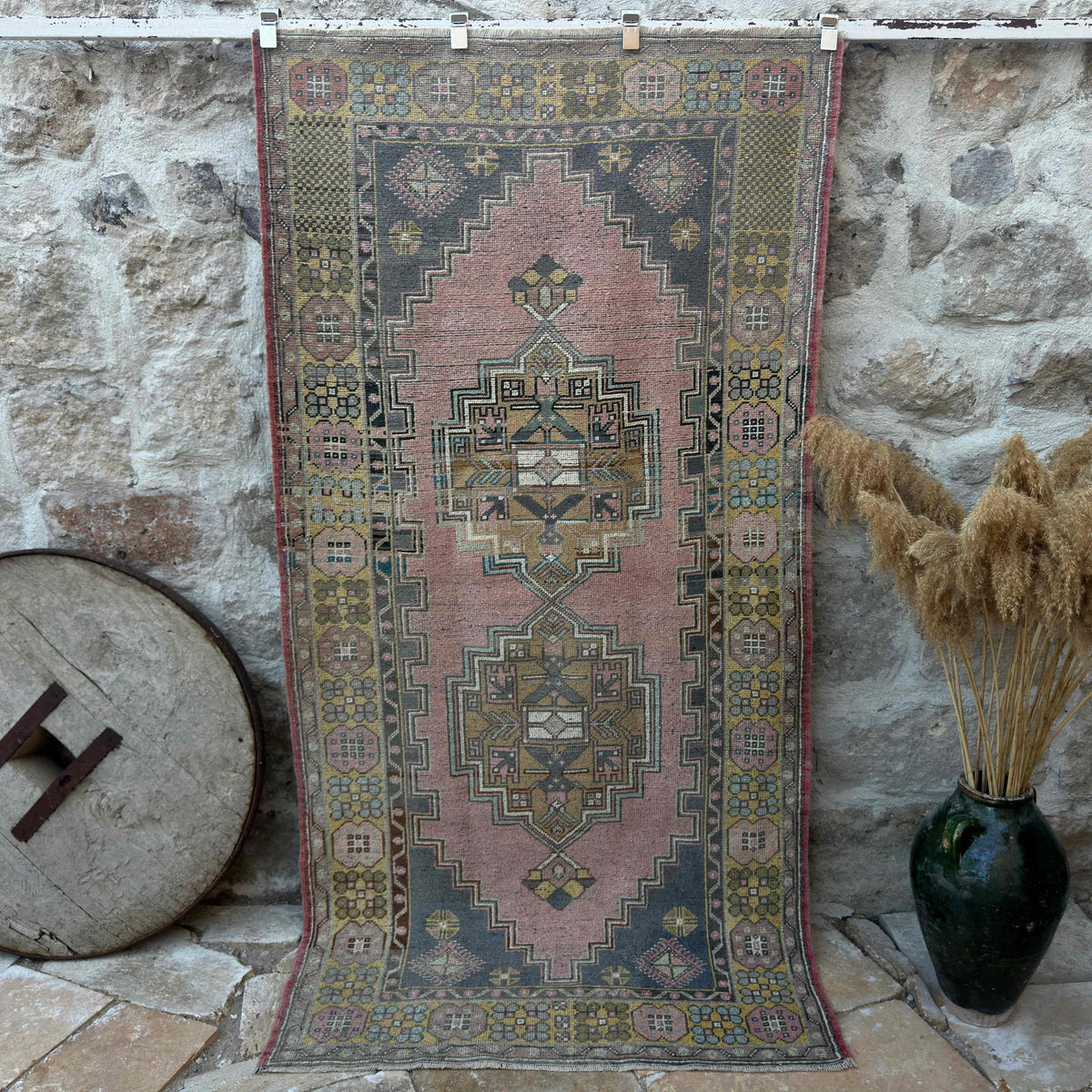 Pink 4' x 8' vintage geometric rug with traditional design, handmade in Turkey – Will.