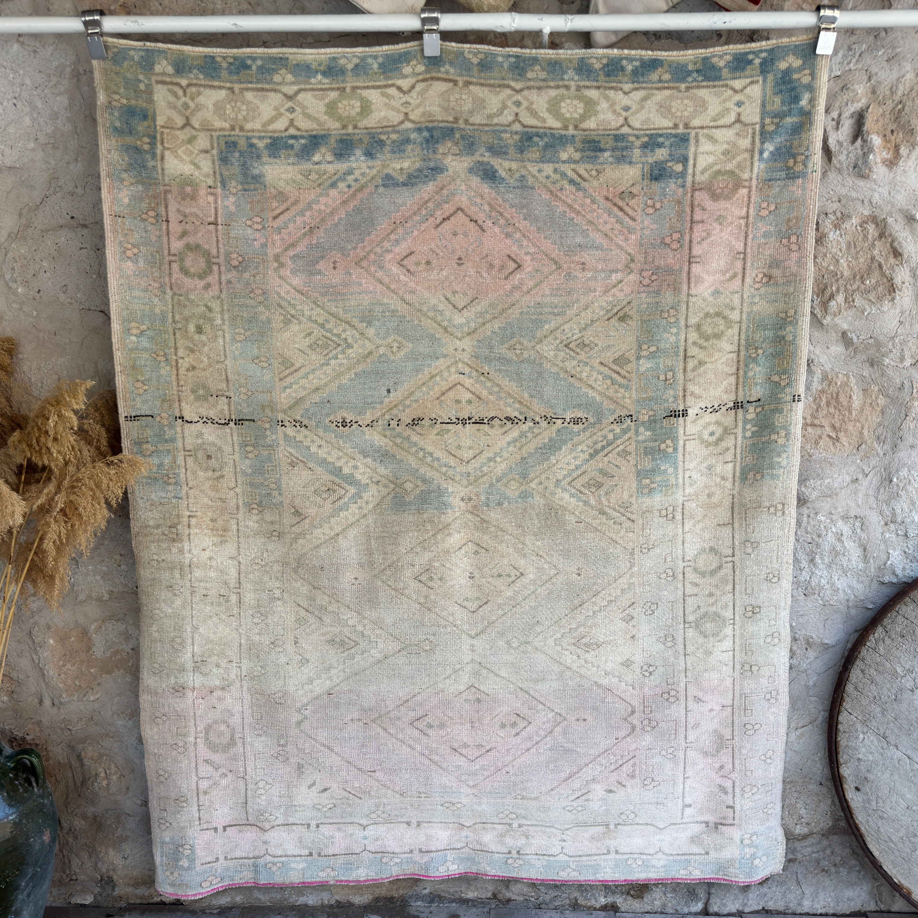 Pale Blue 5' x 6' vintage geometric rug with neutral design, handmade in Turkey – Glad.