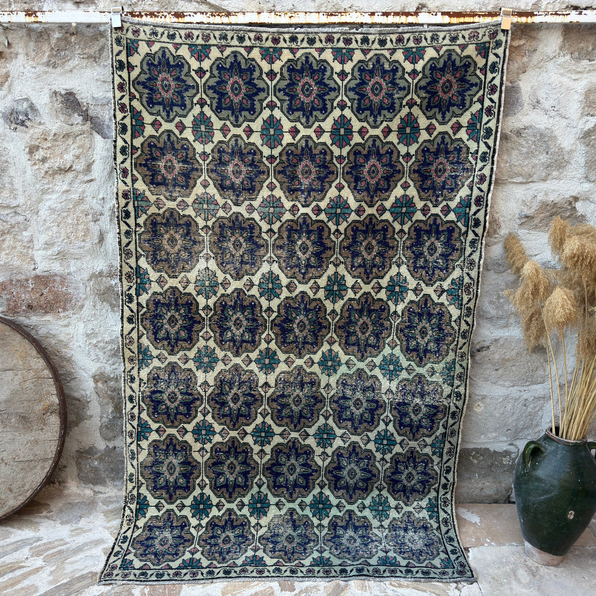 Blue 5' x 8' vintage geometric rug with geometric design, handmade in Turkey – Imelda.