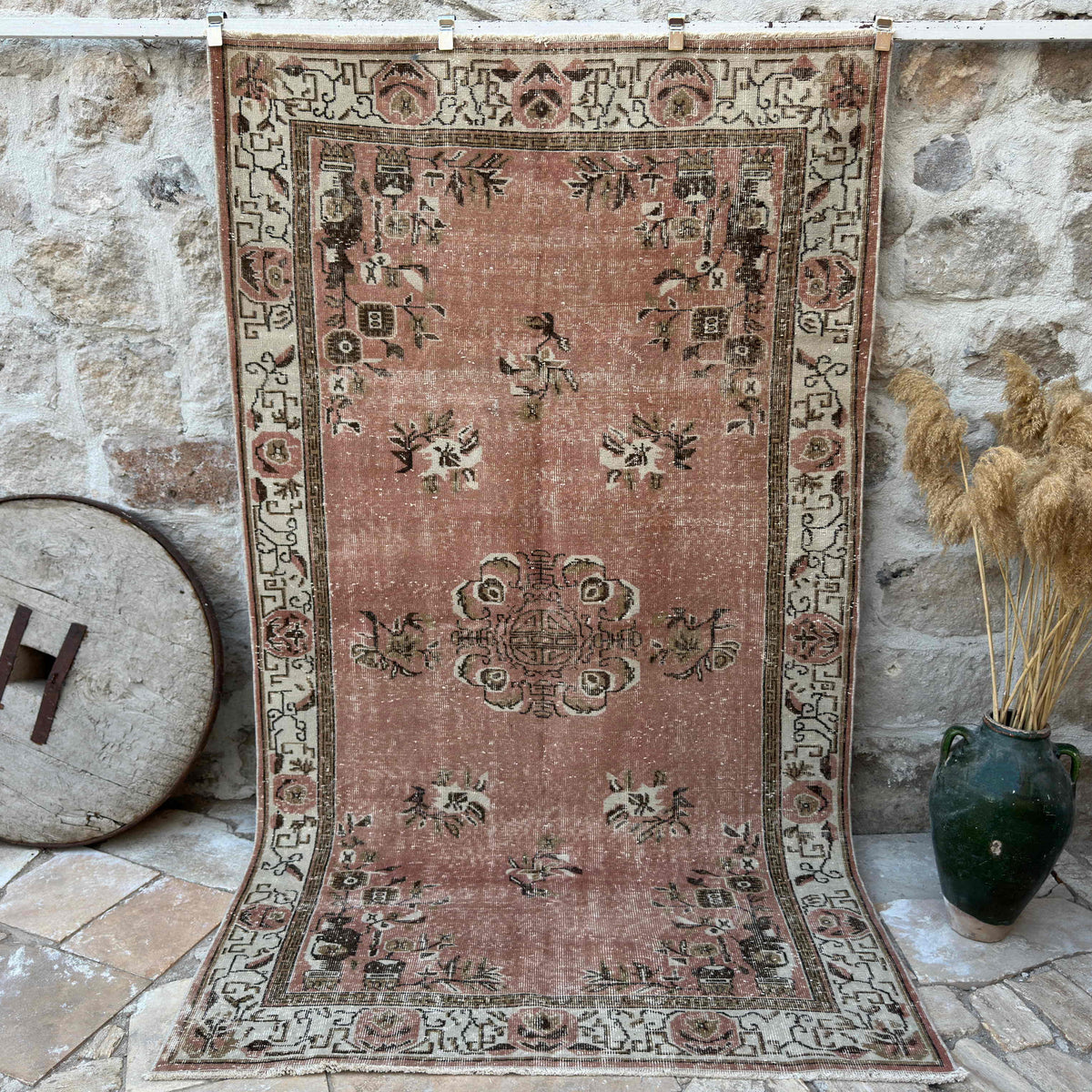 Pink 5' x 9' vintage geometric rug with geometric design, handmade in Turkey – Flint.