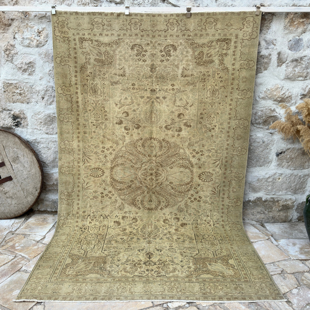 Brown 6' x 10' vintage geometric rug with medallion design, handmade in Turkey – Ethan.