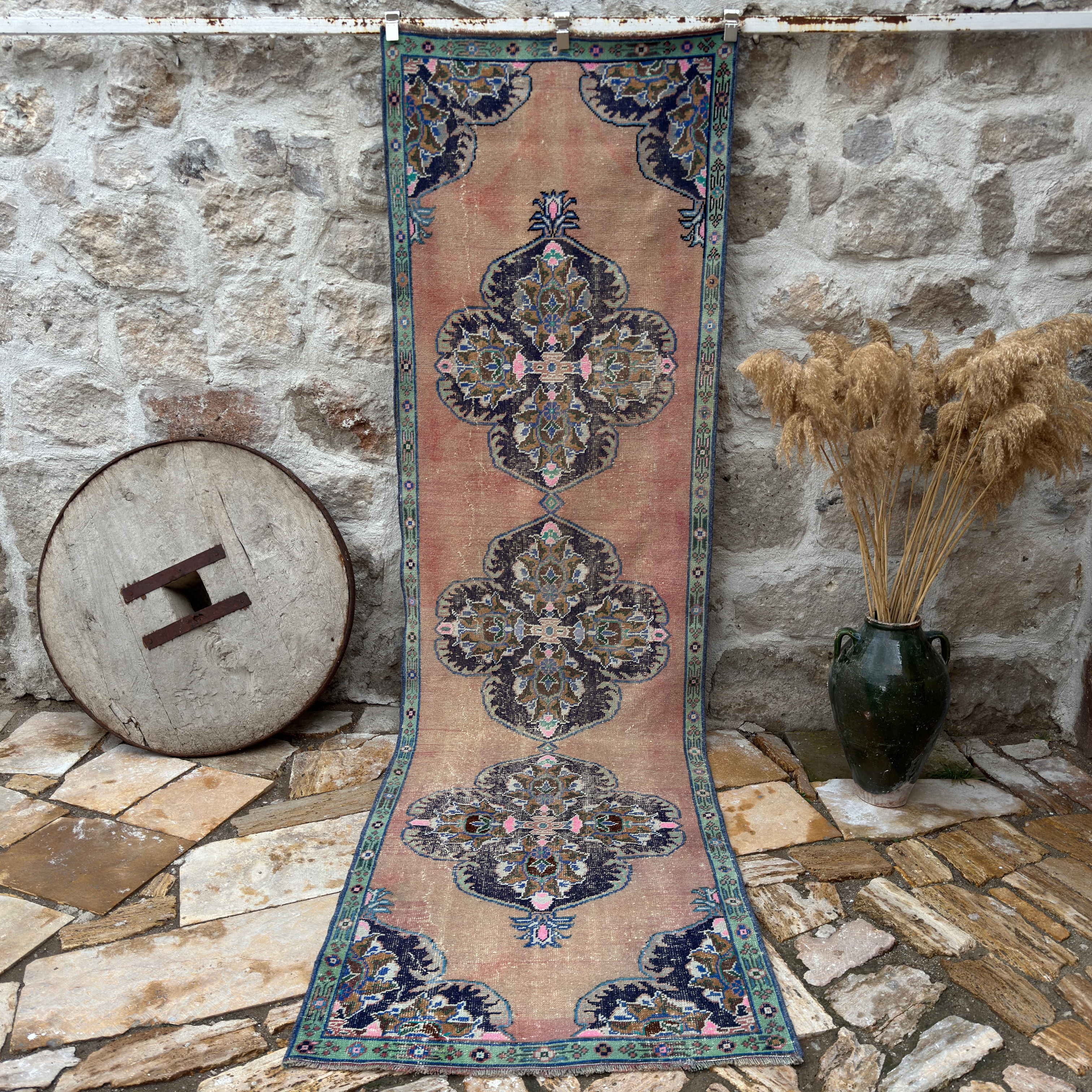 Pale Red 3' x 11' vintage geometric runner rug with traditional design, handmade in Turkey – Talbot.