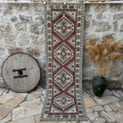Red 3' x 9' vintage geometric runner rug with neutral design, handmade in Turkey – Paxton.