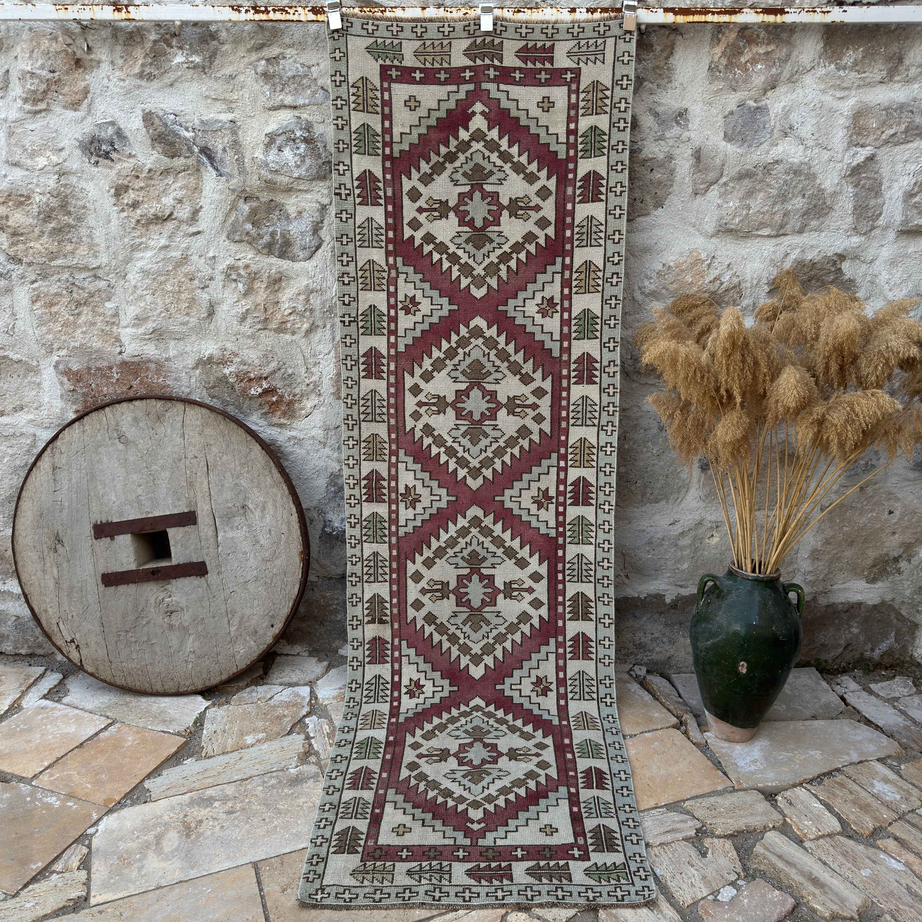 Red 3' x 9' vintage geometric runner rug with neutral design, handmade in Turkey – Paxton.