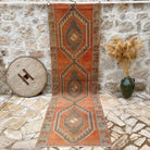 Pale Orange 4' x 12' vintage geometric runner rug with geometric design, handmade in Turkey – Vihaan.