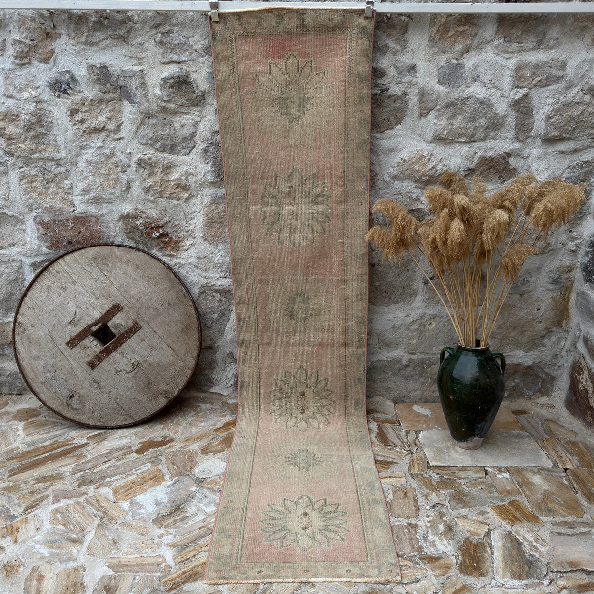 Pink 2' x 10' vintage handmade runner rug with medallion design, handmade in Turkey – Karlen.