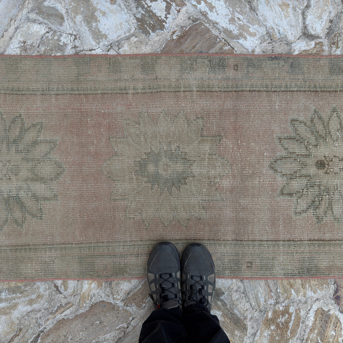 1970s pink vintage Turkish handmade runner rug with medallion design, hand-knotted weave and low pile.