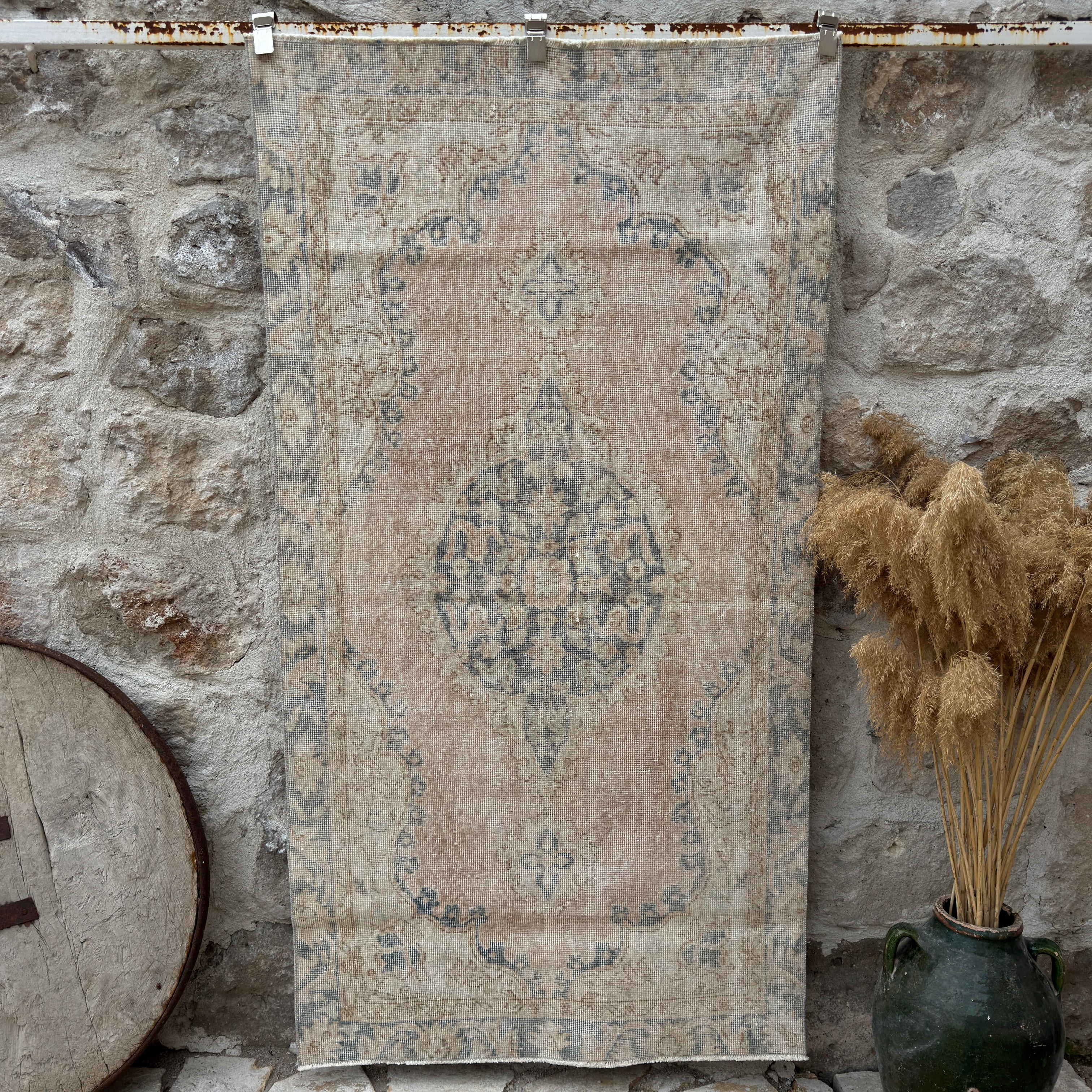 Pale Pink 3' x 6' vintage isparta rug with medallion design, handmade in Turkey – Tucker.