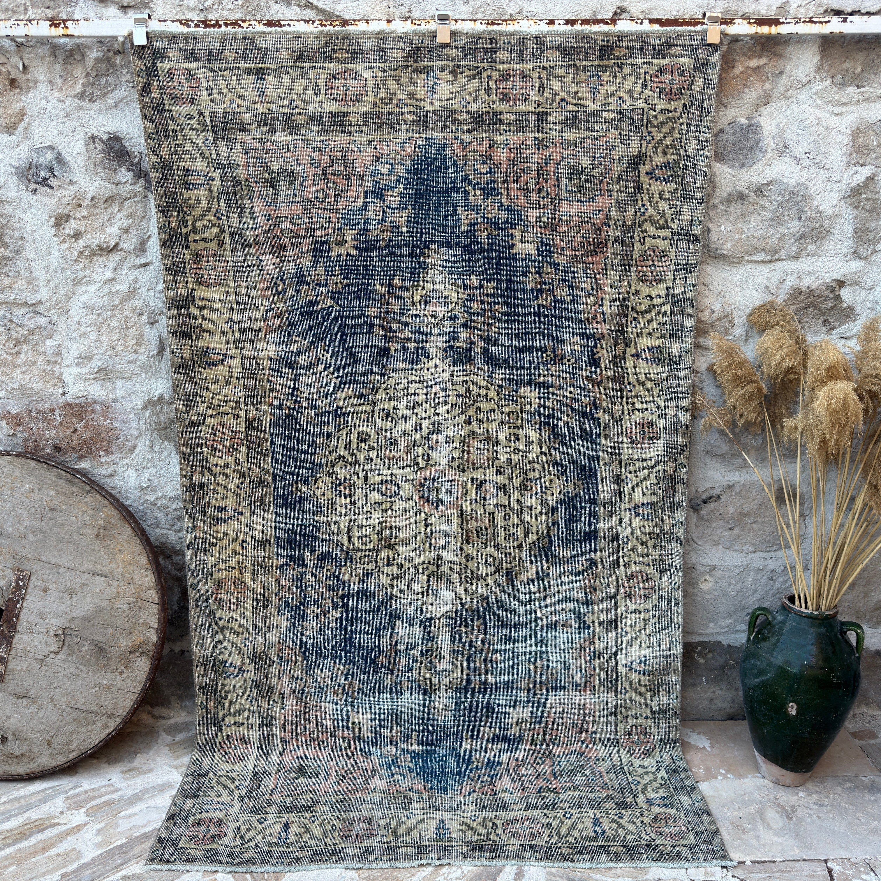 Blue 5' x 8' vintage kayseri rug with traditional design, handmade in Turkey – Faye.