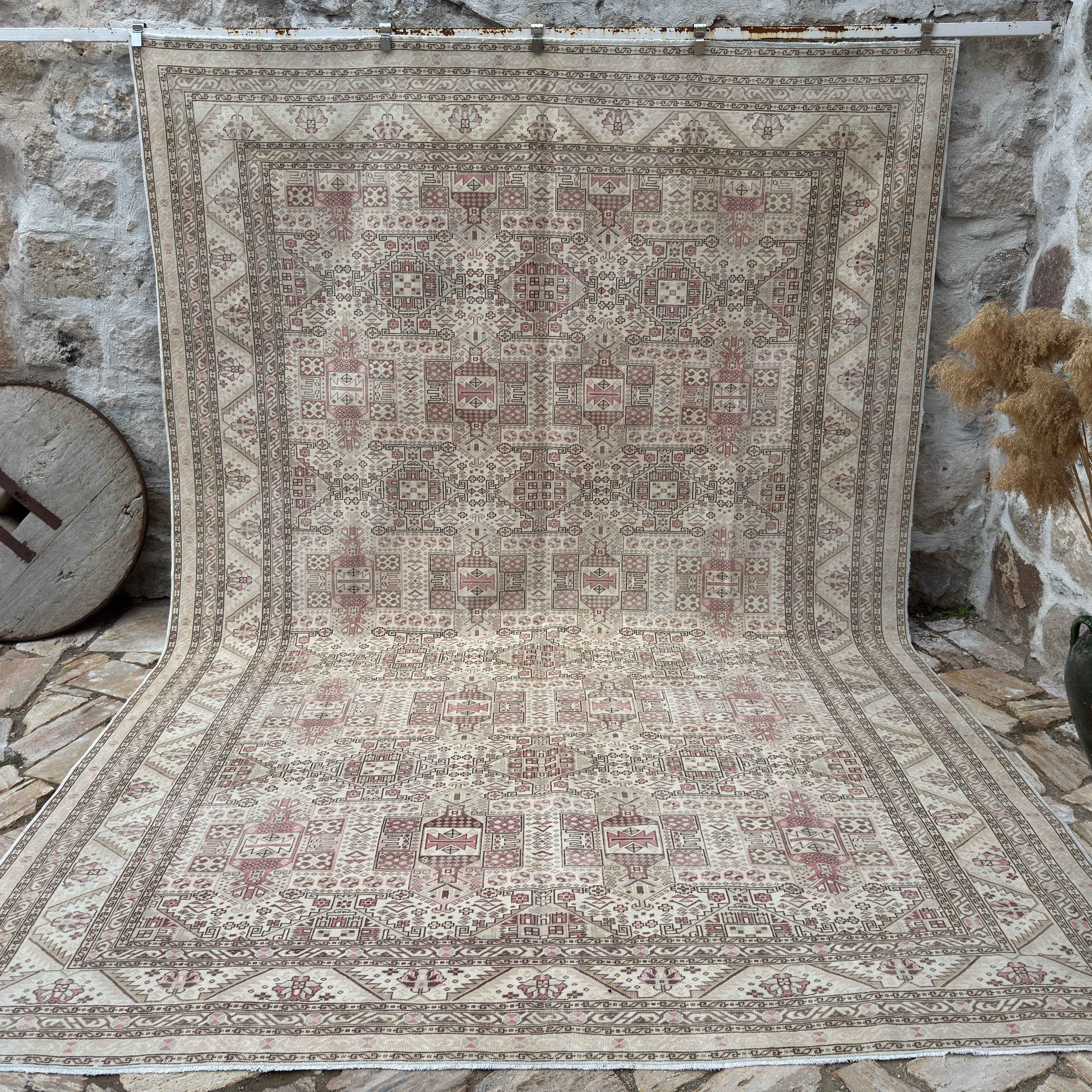 Pale Beige 9' x 13' vintage kayseri rug with neutral design, handmade in Turkey – Hill.