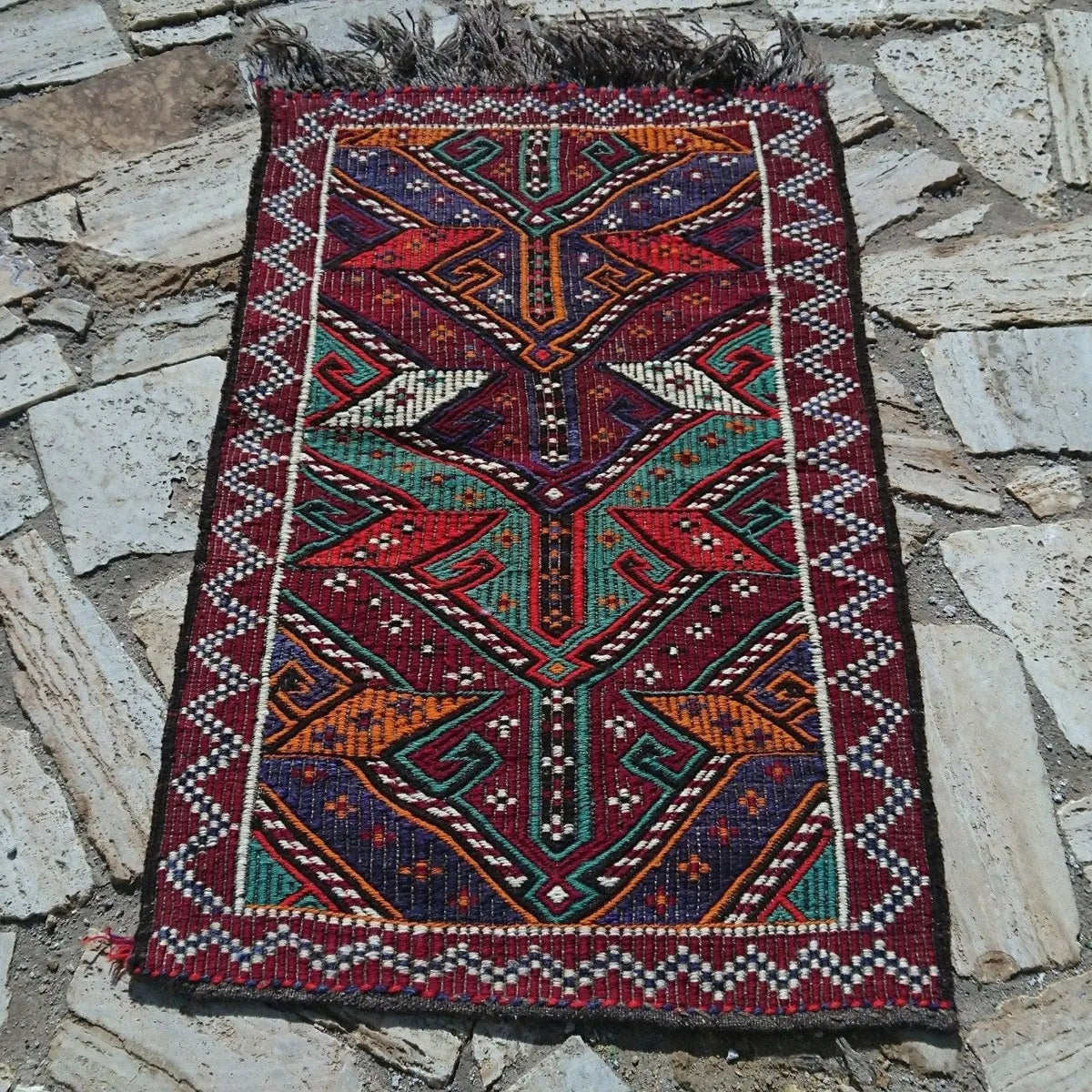 Red 2' x 3' vintage kilim rug with traditional design, handmade in Turkey – Bowie.